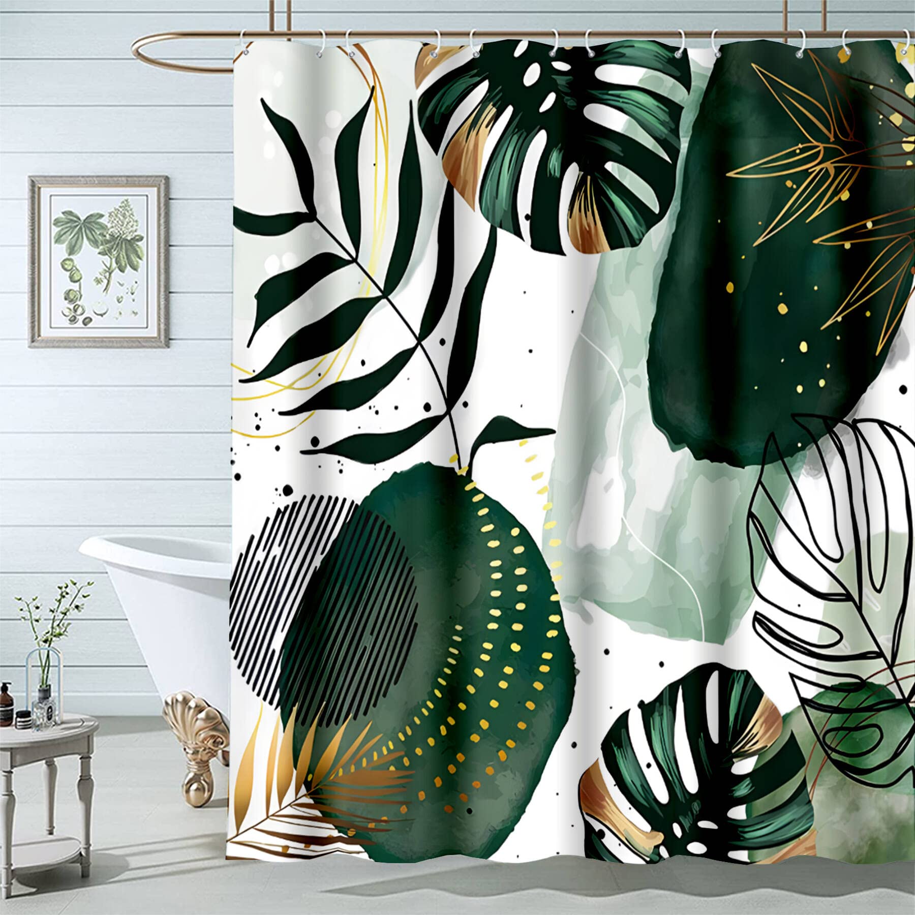 Famiffty Abstract Shower Curtain Green Chic Boho Shower Curtain 72 x 72 Inch Tropical Leaves Minimalist Simple Watercolor Fancy Modern Bathroom Decor Waterproof Polyester Fabric 12 Pack Plastic Hooks — image 1