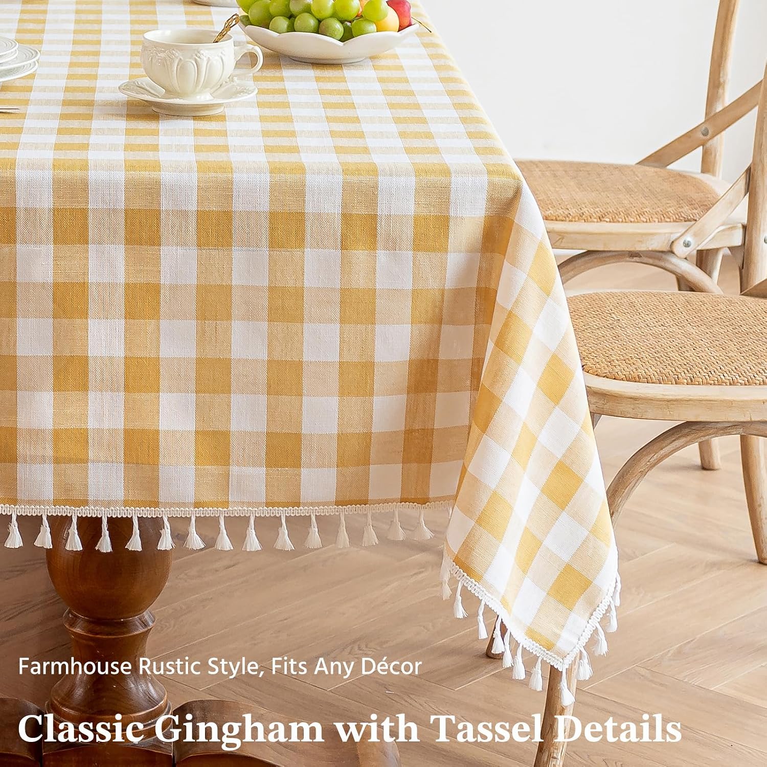 Alsoo Yellow Gingham Tablecloth Rectangle, Picnic Cotton Linen Fabric Checkered Table Cloth Buffalo Plaid Table Cover with Tassel Wrinkle Free Washable for Kitchen Dining Summer, 55X75'' Yellow White 55" x 75" (Rectangular)