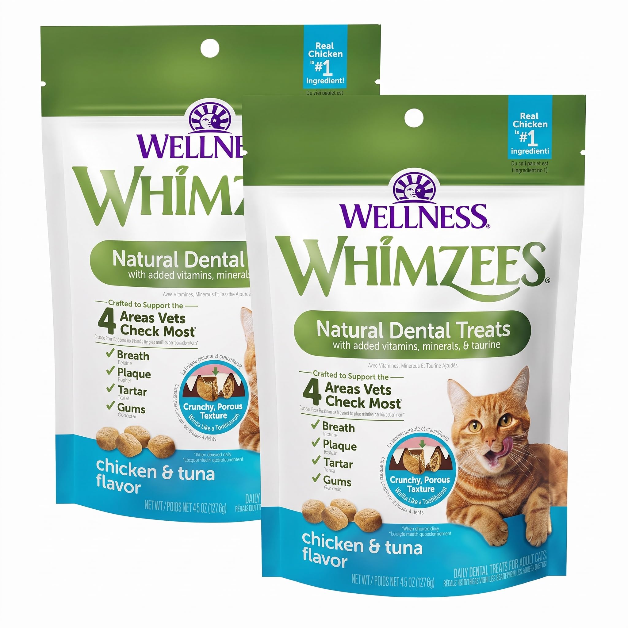 Whimzees Wellness Cat Dental Treats, Natural Chews, Chicken and Tuna Flavor, (4.5 Ounce Bag) (Pack of 2)