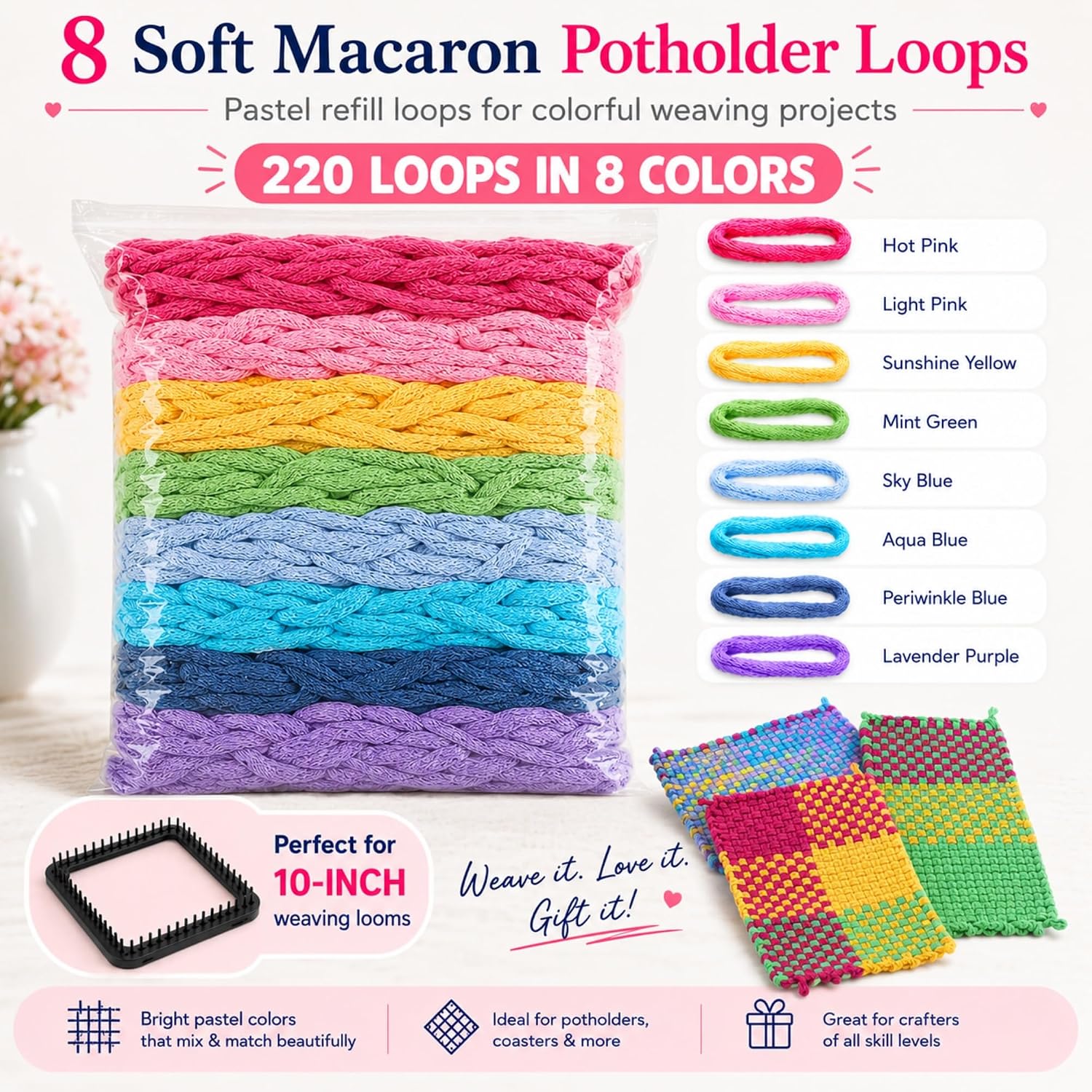 Raylinix 440 pcs Cotton Weaving Loom Refill Loops | 8 Pastel Colors, Fits 10 Inch Potholder Looms, Makes 8 Potholders