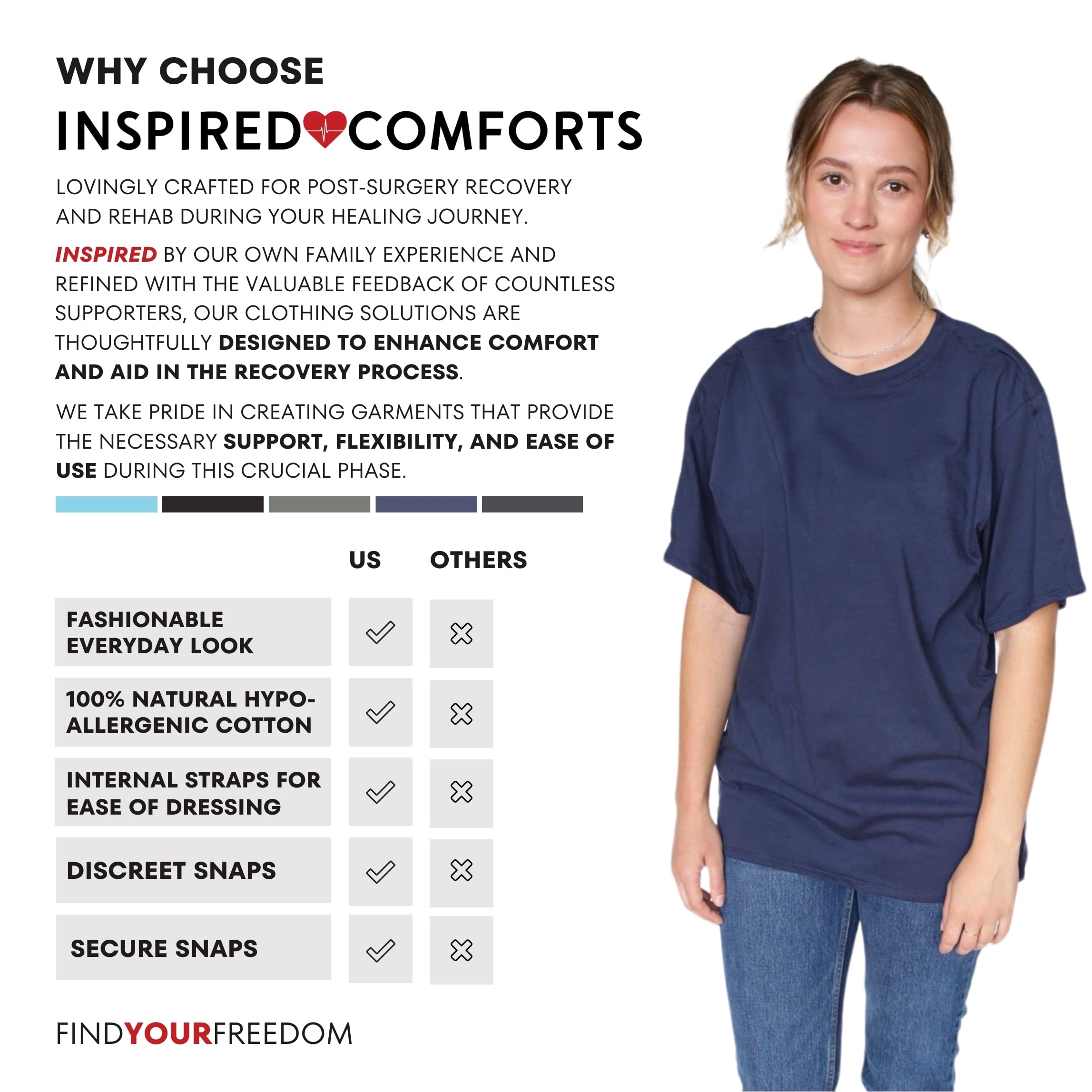 Inspired Comforts Unisex Post Surgery & Rehab Dual Access Crew Neck Snap Shirt