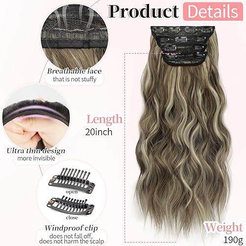 Miniatura 2 de KooKaStyle Extensiones de cabello sintético con clip, largo, ondulado, grueso, de fibra de doble trama, color castaño medio, rubio ceniza,