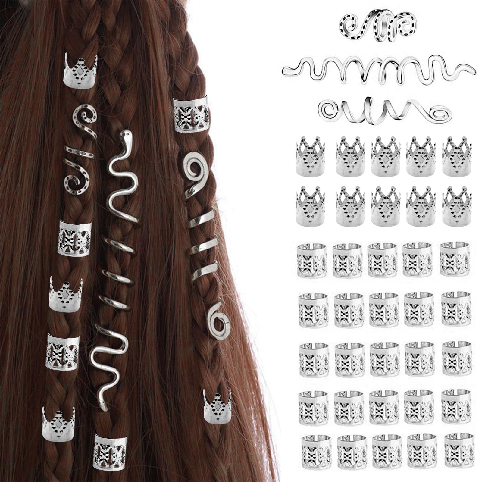 38 Pcs Bobina Joyería El Cabello Anillos,Cabello Trenzas De Metal Accesorio,Anillos para Trenzas,Cuentas en Espiral Vikingas Cabello,Para Trenzas Para Hombres y Mujeres(Plata)