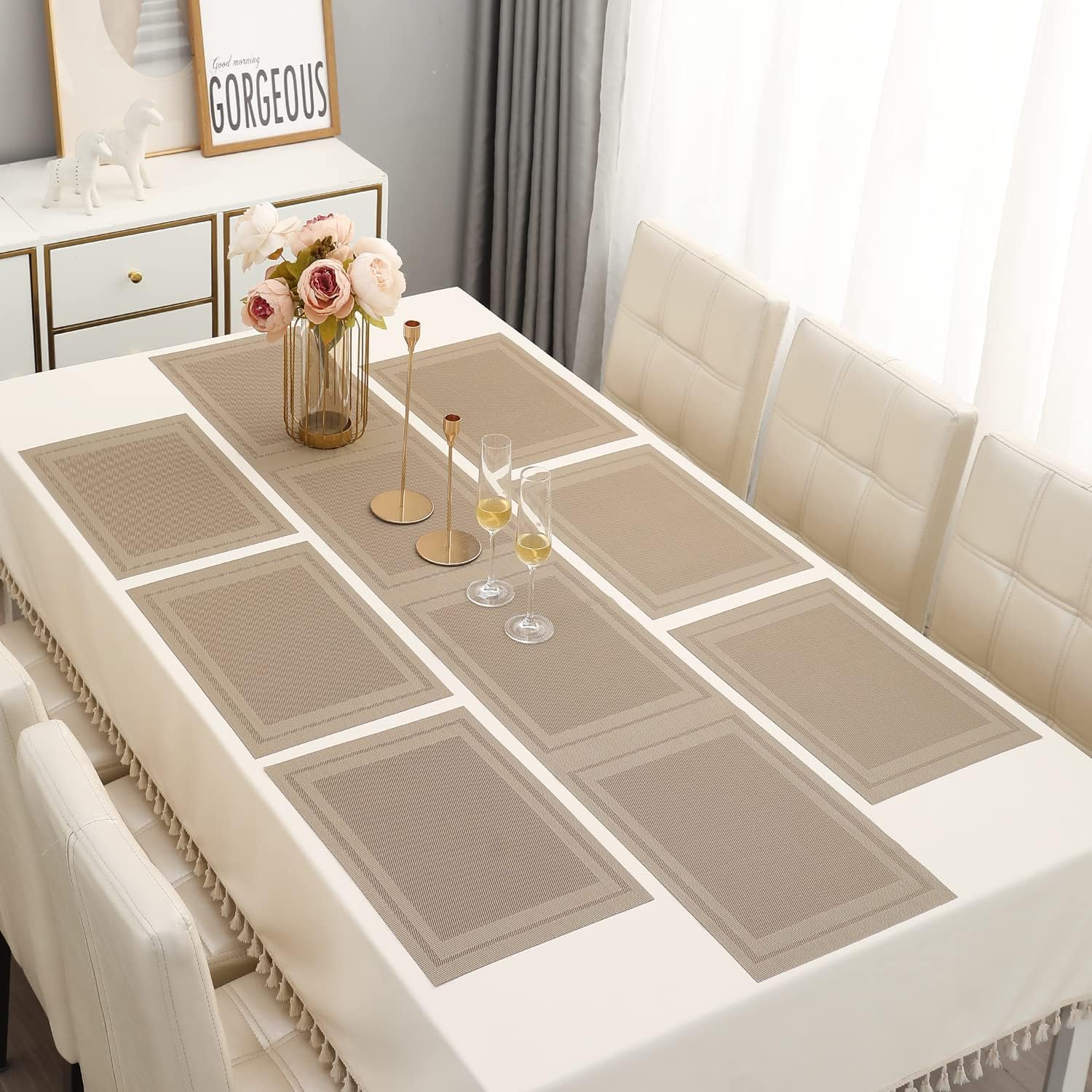 Table Mat Set of 6 with Table Runner, PVC, Non-Slip Heat Resistant Waterproof, Brown & Beige, 45x30 cm Mats, 30x180 cm Runner-image-2