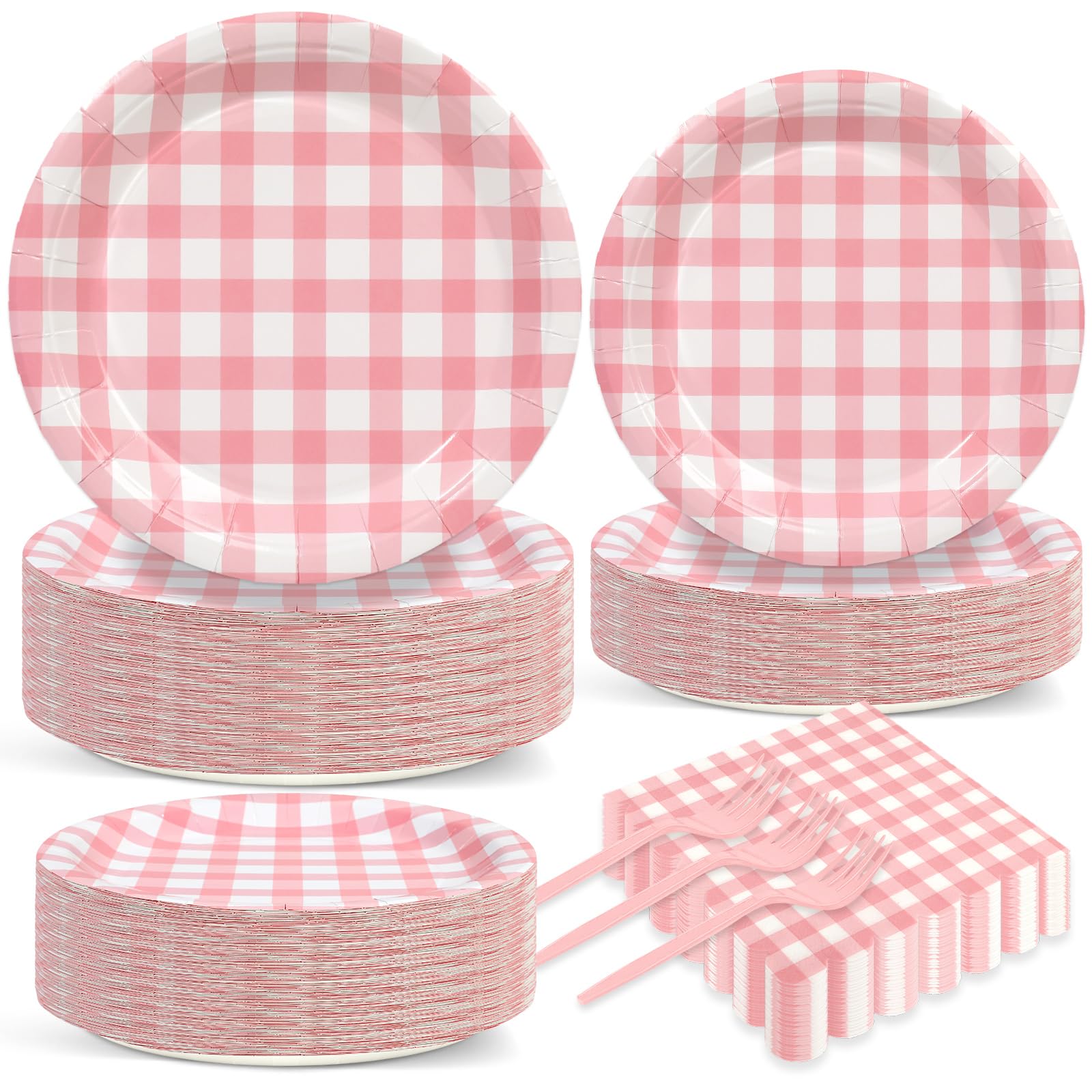 200 Pcs Pink Gingham Tableware Set Pink And White Checkered Birthday Party Supplies Disposable Plaid Paper Plates Napkins Dinnerware Set Girls Barbecue Picnic BBQ Birthday Decoration Serve 50 Guest