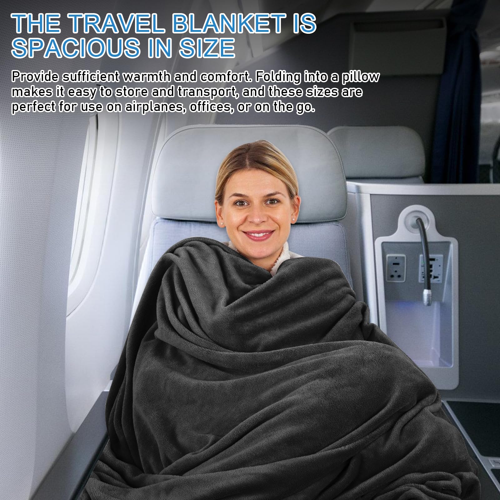 Manta de viaje para avión, cojín de transformación 2 en 1,127 x 152 cm, manta de viaje ultraligera, cálida, gadgets de viaje con antifaz para dormir y tapones para los oídos, cojín portátil para