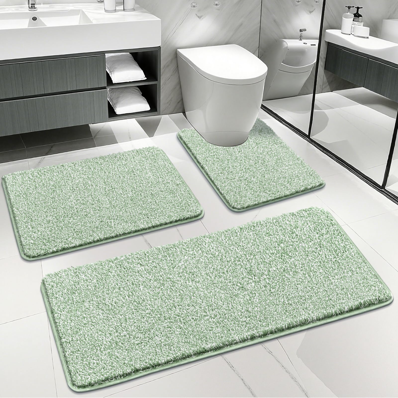 Enyhom Set di 3 tappetini da bagno in morbida microfibra, assorbente, ad asciugatura rapida, per WC (verde e bianco, 50 x 80 + 50 x 120 + U50 x 60 cm)