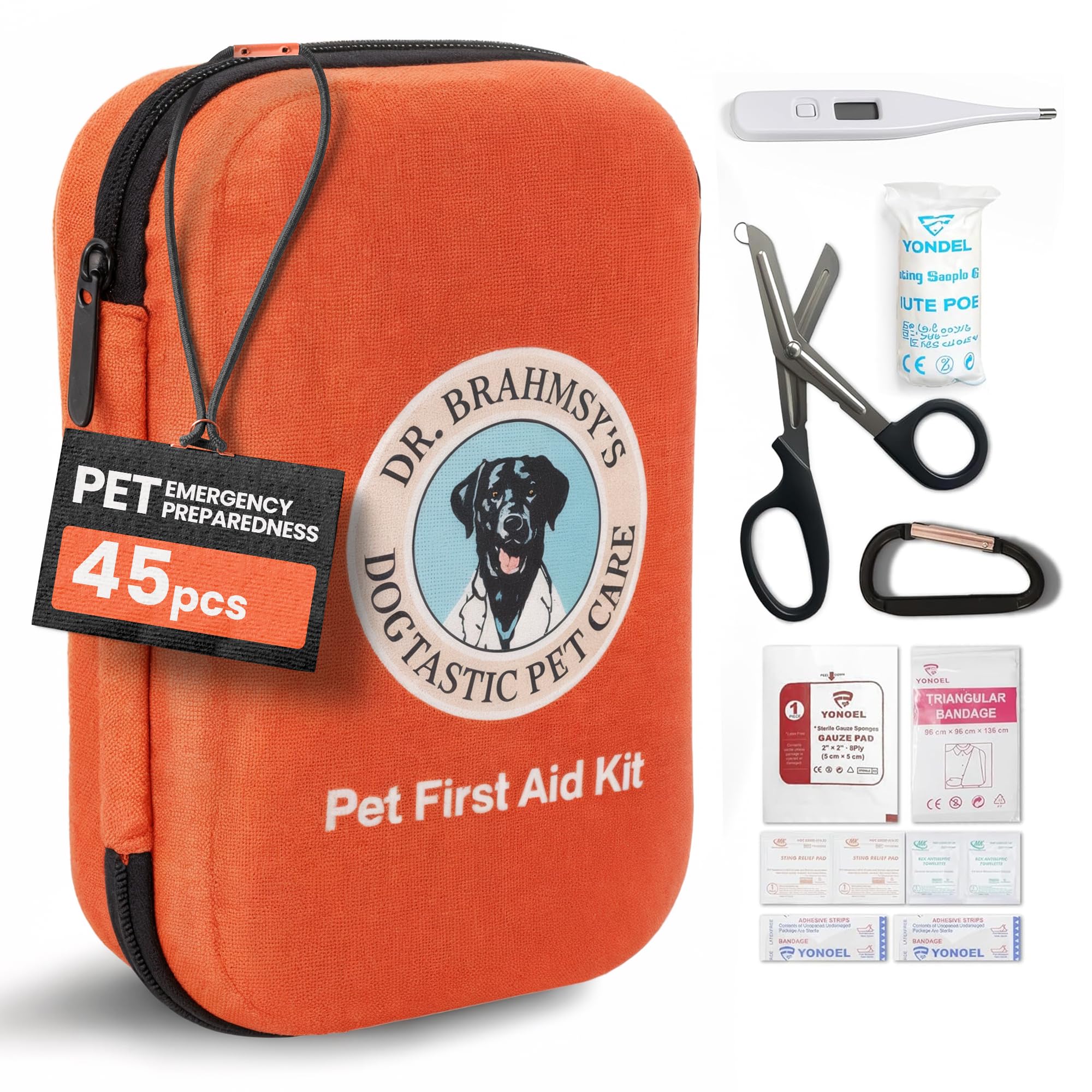 Dr Brahmsy’s Pet First Aid Kit for Dogs and Cats - Vet-Approved Essential Survival and Emergency Supplies for Home, Travel, Camping, Hiking - Packed in a Portable Waterproof Pouch - 45-Piece Set