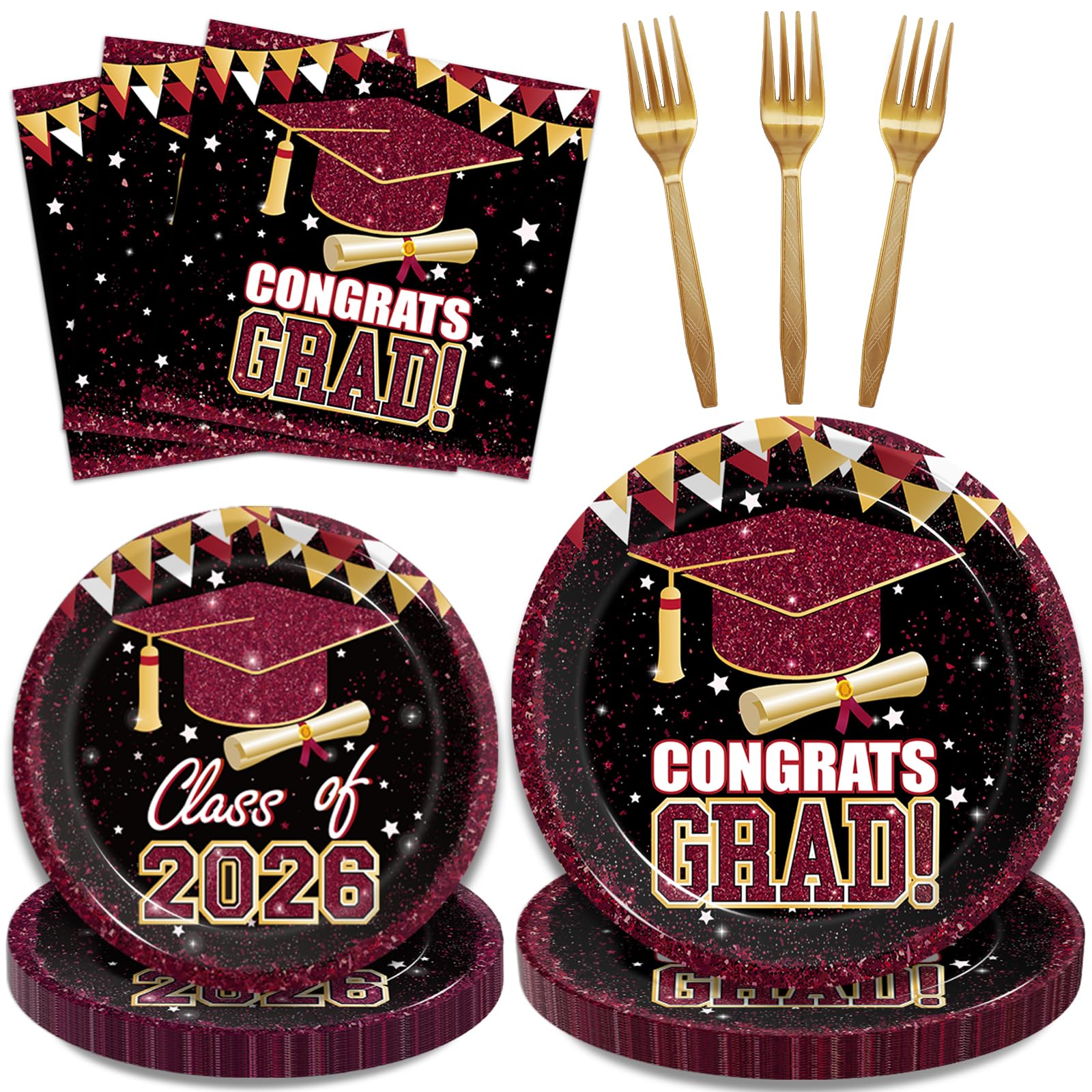 Kepeel 96 Pcs Graduation Party Paper Plates Napkins, Maroon Gold Class of 2026 Congrats Grad Party Decorations Supplies Disposable Dinnerware