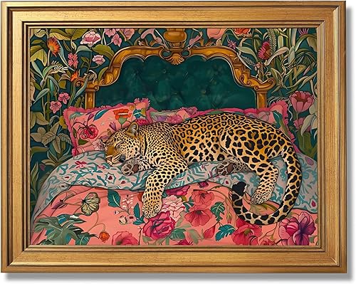Arte de pared de leopardo dormido enmarcado en oro, selva de lujo, colorido guepardo, póster retro maximalista tropical floral rosa dopamina lienzo