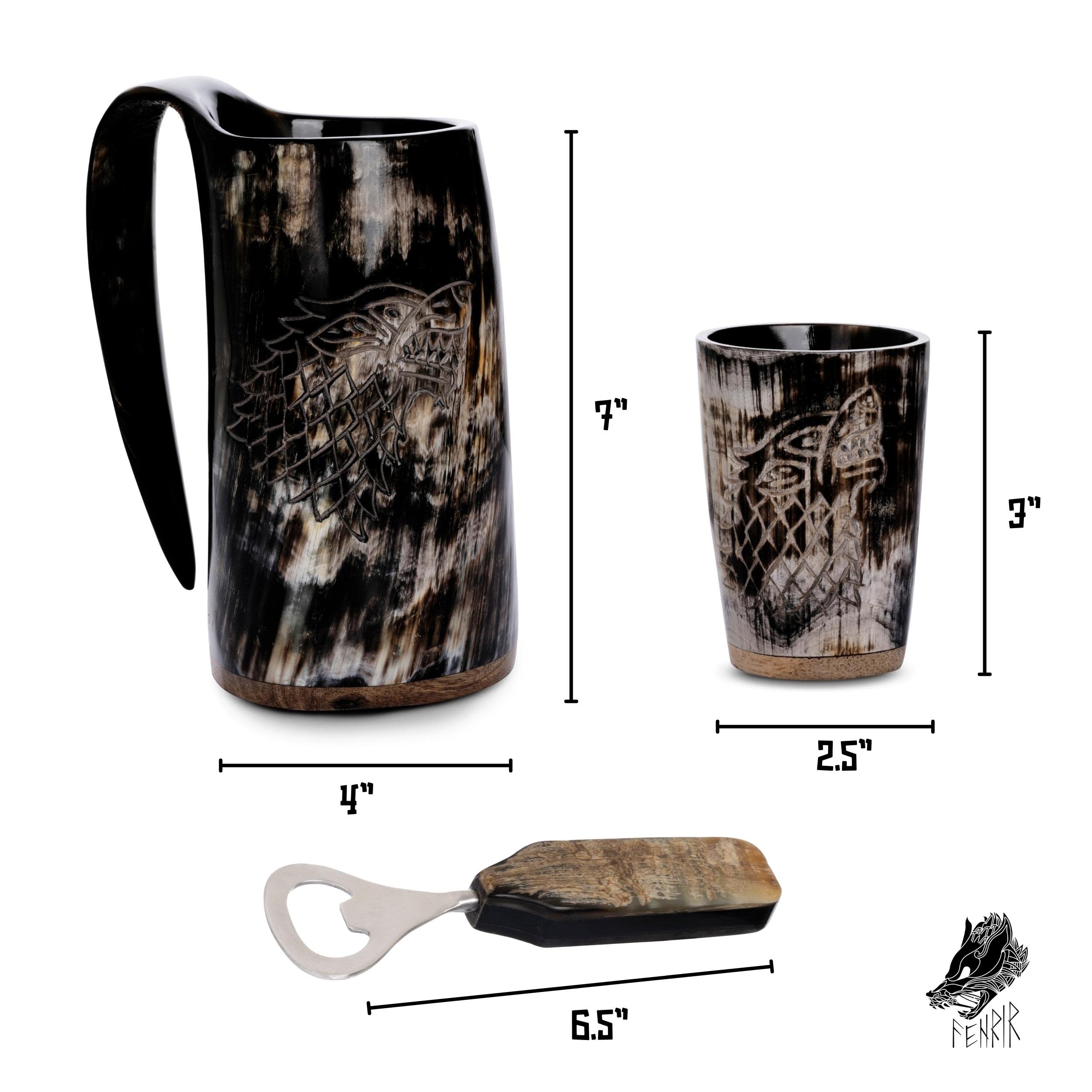 Fenrir Premium Viking Wolf Natürliches Trinkhorn Becher mit kurzem Glas und Flaschenöffner für Ale Beer Kaltgetränke (473 ml) – 3-teiliges Set