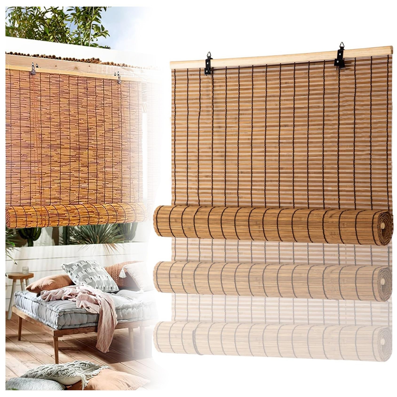 Natural Schilf Vorhang Bambusrollo Lichtfilter, Retro Sonnenschutz Rollo Bambus Jalousie Für Terrasse/Garten/Balkon/Küche, Seitenzug Natur Holzrollos Schilfvorhänge Sonnenschutzrollos(39"Wx86"H(100cmx