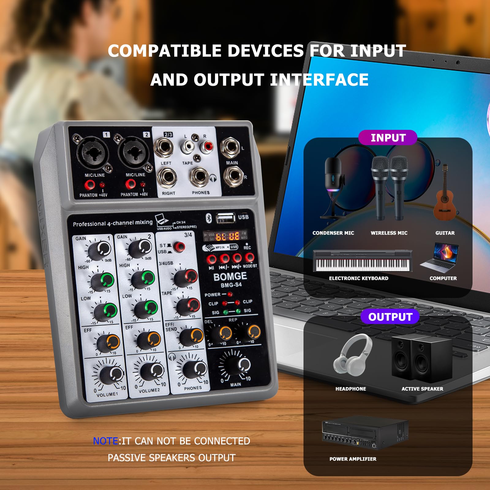 BOMGE Professional Audio Mixer, Sound Board Mixing Console with 4 Channel Digital USB Bluetooth Echo Delay Effect, Input 48V Phantom Power Stereo DJ Mixers for Recording, Live Streaming, Podcasting