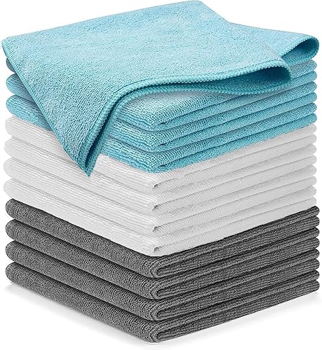 Paños de limpieza de microfibra, 16 x 16 pulgadas, paquete de 12, toallas de limpieza multiusos, paños de limpieza sin rayas para vidrio, espejo,