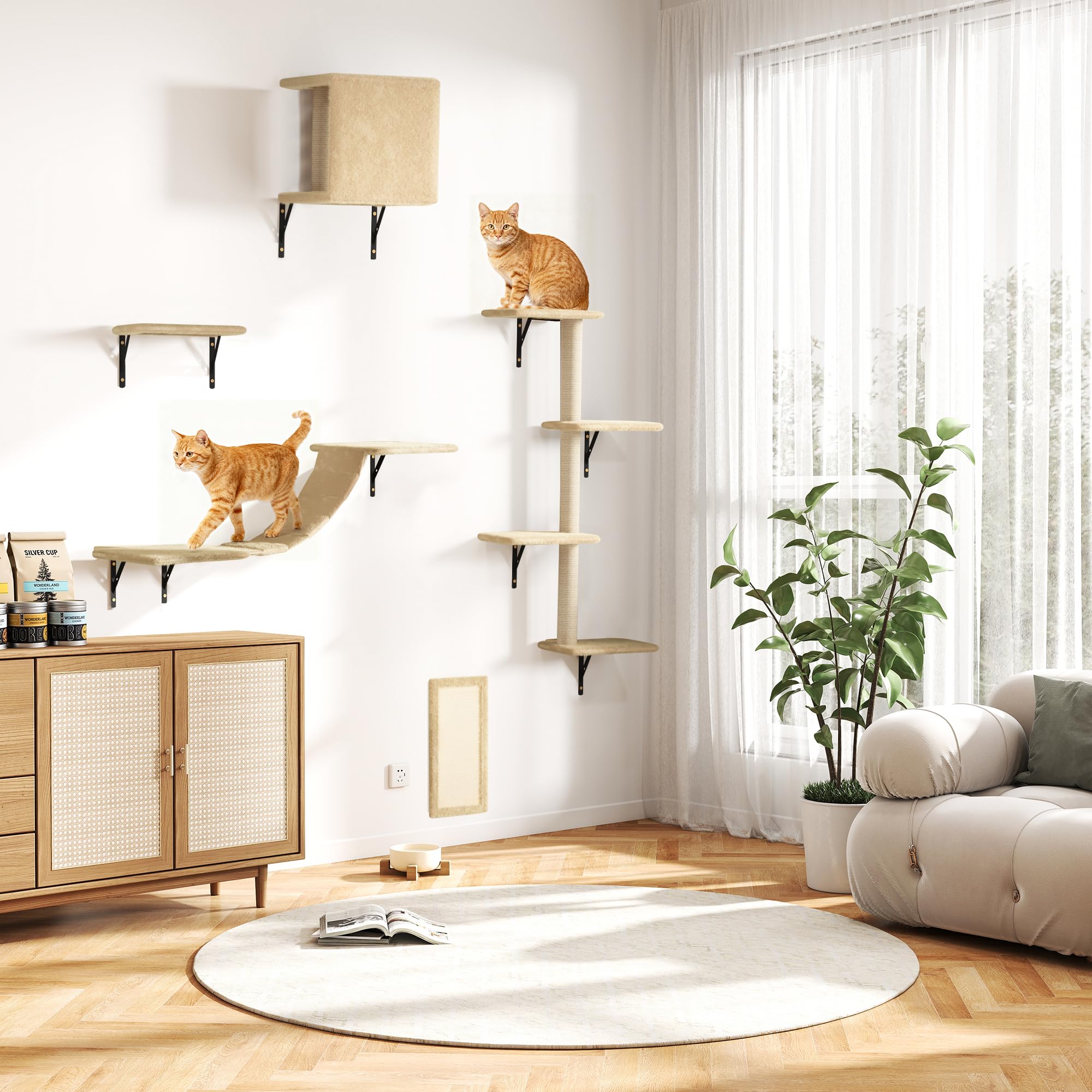 Katzen Kletterwand Set 5-teilig – Wandmontierte Katzenwand für Wohnungskatzen, mit Katzenhaus, Katzenbrücke, Kratzsäule & Kratzbrett, Platzsparend, beige
