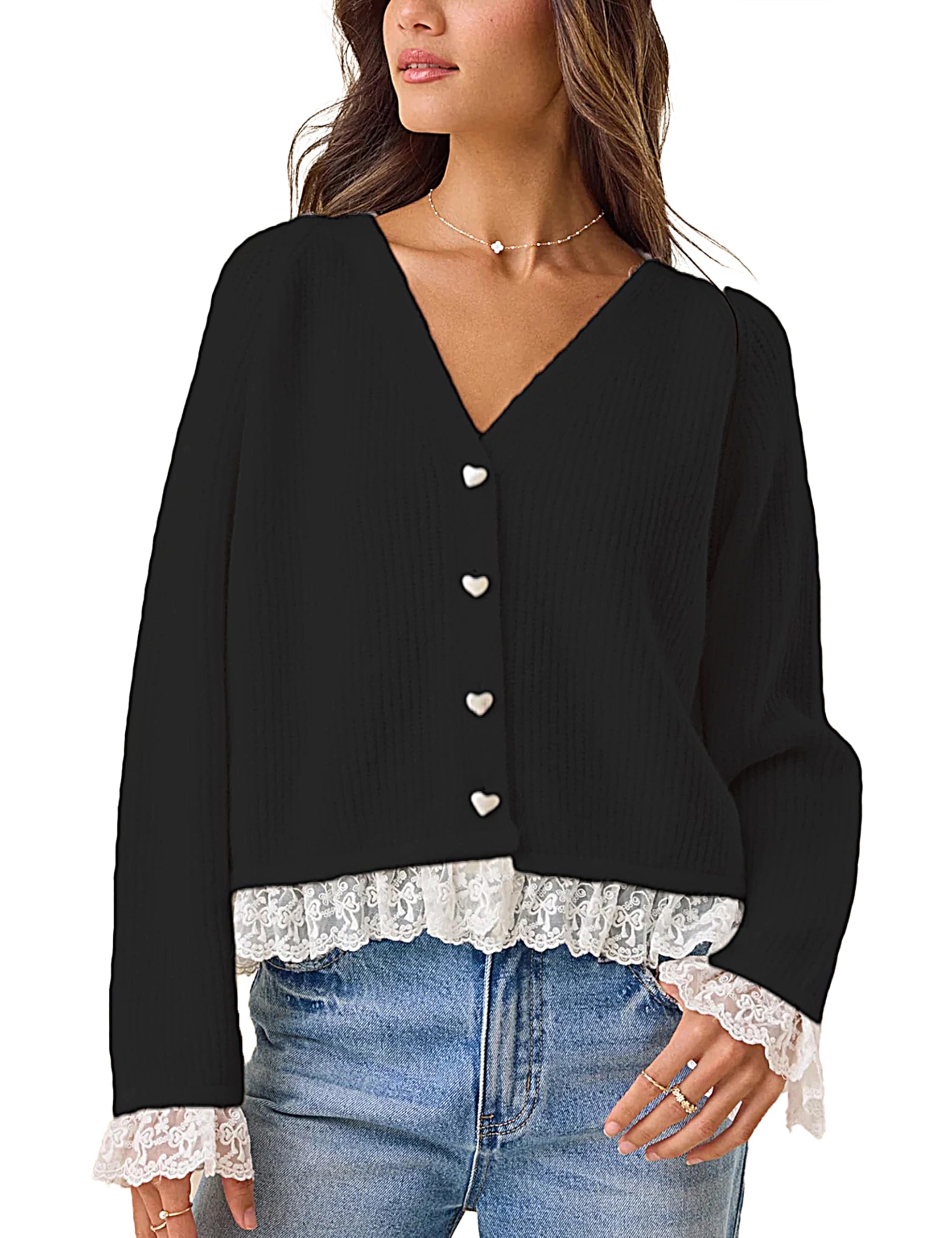 Womens Lace Trim Cardigan Sweater Elegant Casual Long Sleeve Open Front Button Down V Neck Laces Edge Knit