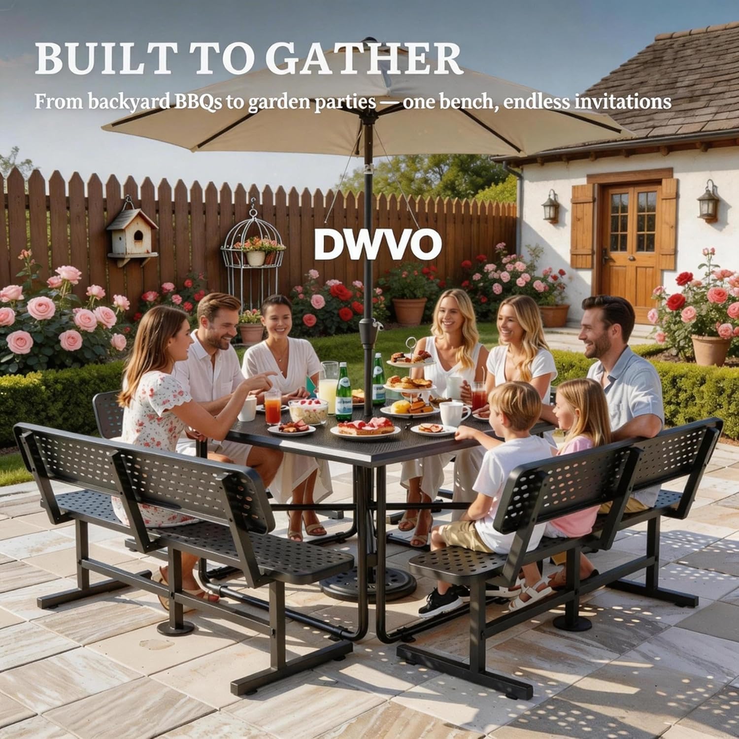 DWVO Commercial Grade 6 Foot Outdoor Bench with Back Heavy Duty Metal Park Bench for Outside Coated Steel Frame Industrial Thermoplastic Finish for Patio Garden Public Zones