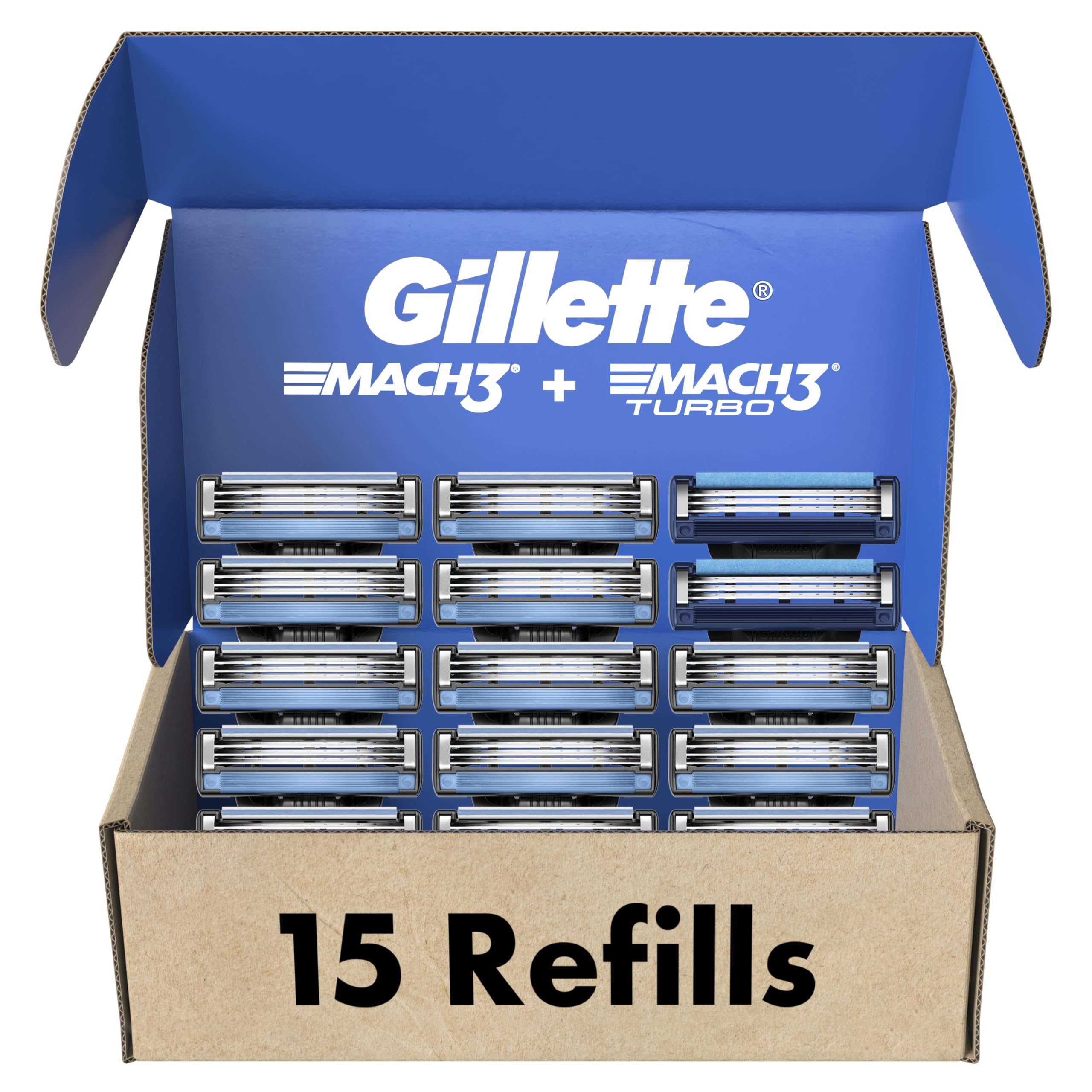 Gillette Men's Razor Blade Refills, 13 Mach3 Cartridges + 2 Mach3 Turbo Cartridges Blue, Total Pack of 15
