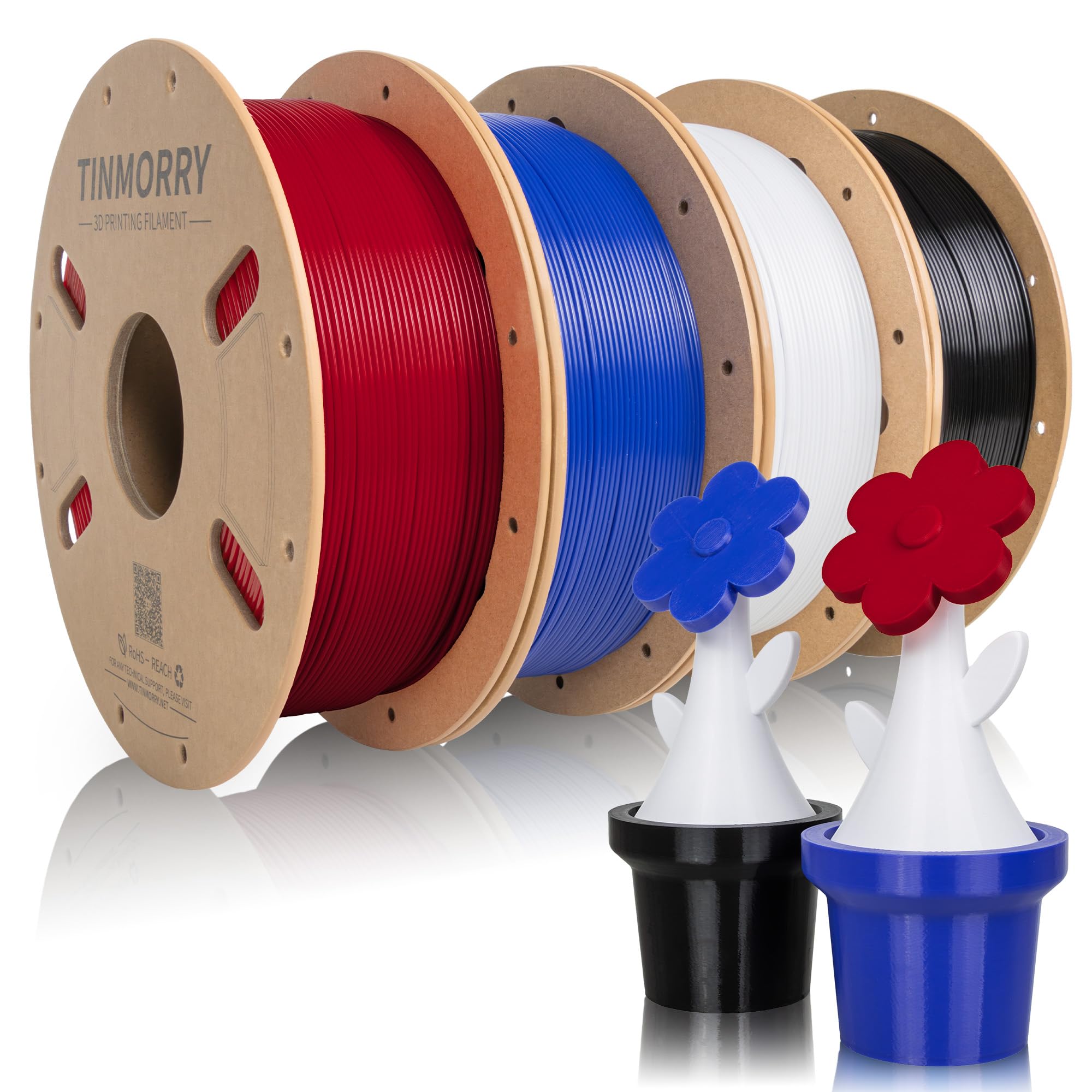 TINMORRY PETG 3D Drucker Filament Bundle, PETG Filament 1,75 mm, Rapid PETG-Eco 3D Drucker Filament, 3D Druck Filament 1 kg x 4 Farben, Schwarz+ Rot+ Kaltweiß + Klein Blau, Nettogewicht 4 kg
