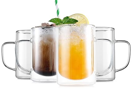 LUXU Double Wall Glass Coffee Mugs(4-Pack)-12 Ounce,Insulated Layer Coffee Tea Cups,Beverage Coffee Glasses with Handle,Clear Borosilicate Mugs for Cappuccino,Latte,Espresso,Water,Hot or Cold Drinks