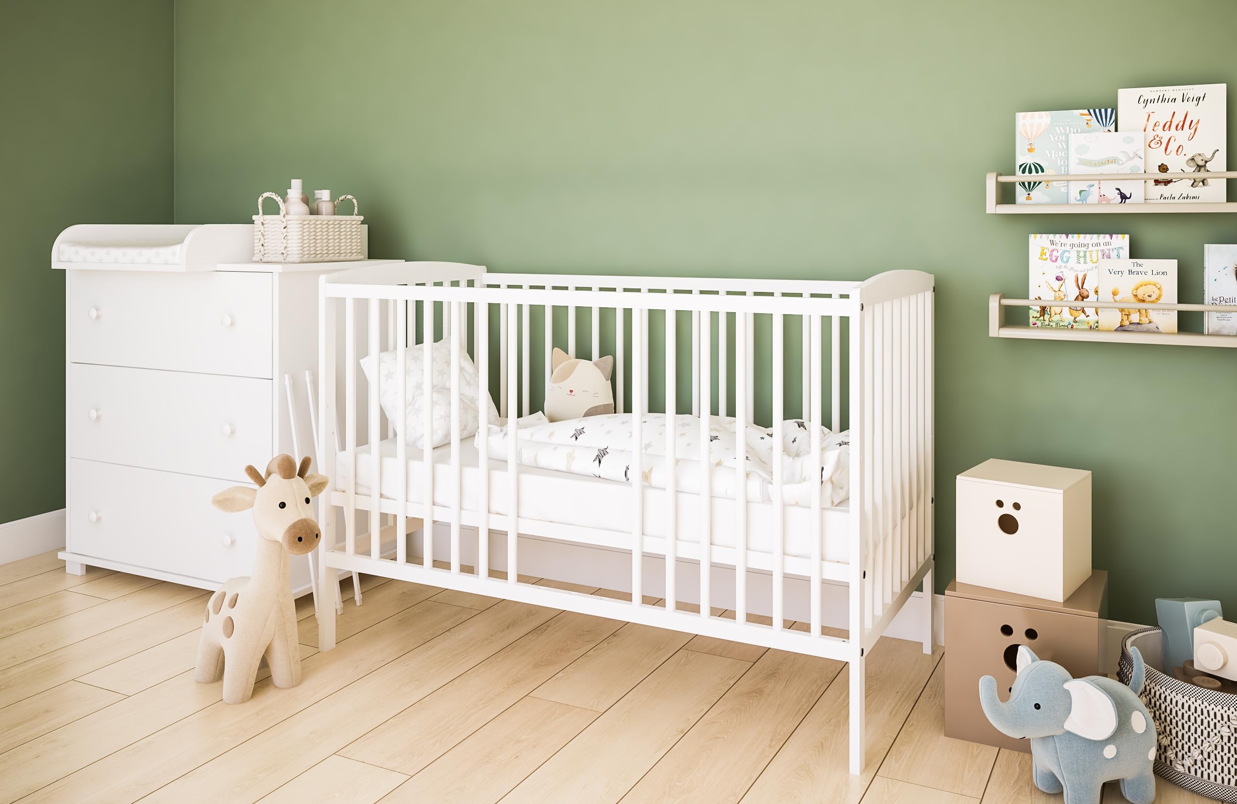 zee Set Cuna para Bebé 120 x 60 cm Blanca 2 en 1 con Barandilla de Seguridad y Cómoda Cambiador Classic de 3 Cajones Habitación Infantil