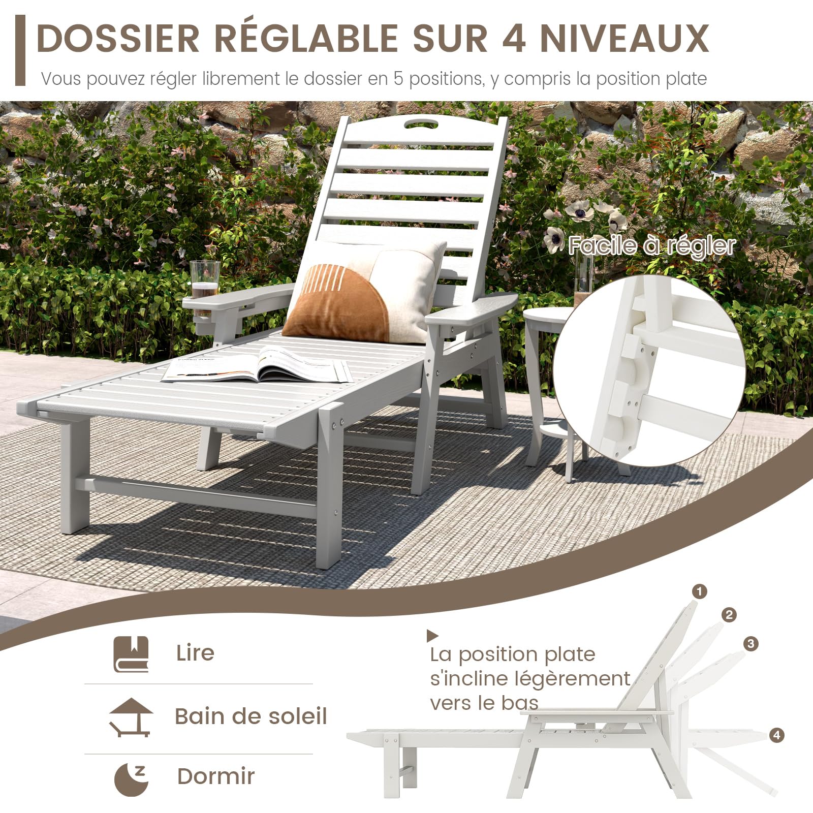 COSTWAY Bain de Soleil en HDPE Réglable sur 4 Niveaux, Blanc