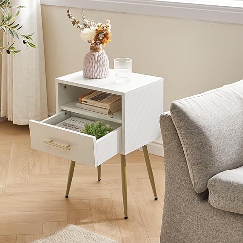 Miniatura 2 de IBUYKE Mesita de noche, mesita de noche moderna de mediados de siglo, mesita de noche con cajones y estante de almacenamiento abierto, mesa auxiliar