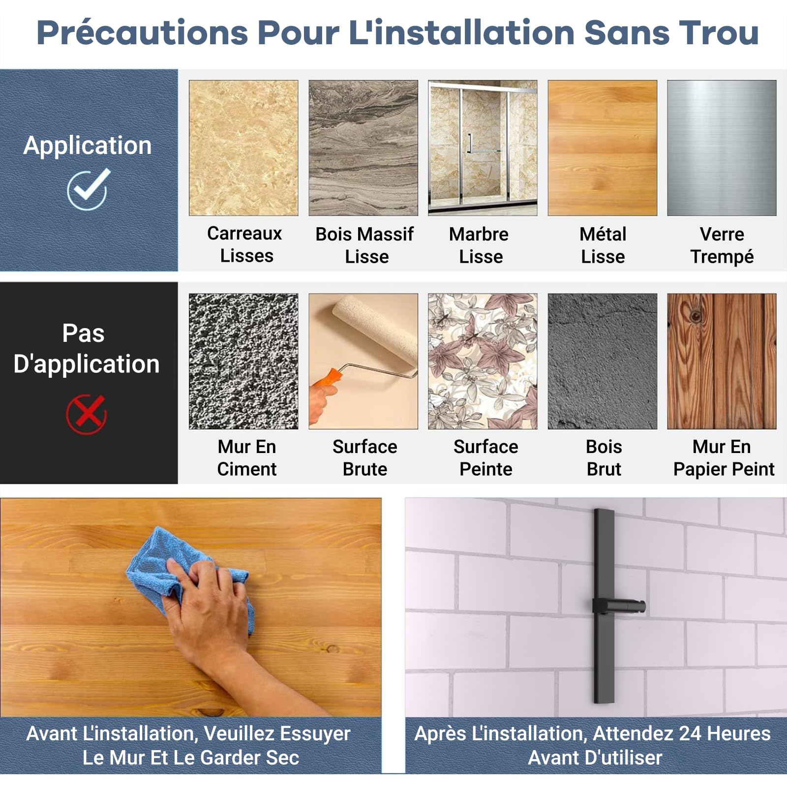 Barre de Douche sans Perçage Barre de Douche Adhésif avec Support de Pommeau de Douche Hauteurs et Angles 120° Réglables 120° Montage par Collage ou Perçage