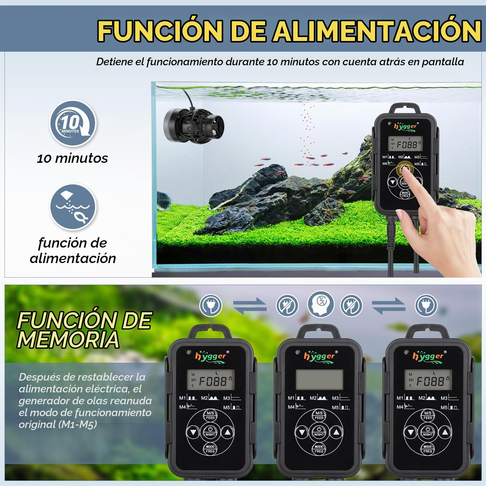 Hygger Bomba de Circulación Acuario,6W Bomba de Flujo para Acuario con Magnético Potencia Cabezal,5670LPH Wave Maker Aquarium con Externo Controlador for 75-380L Freshwater and Marine Reef Aquariums