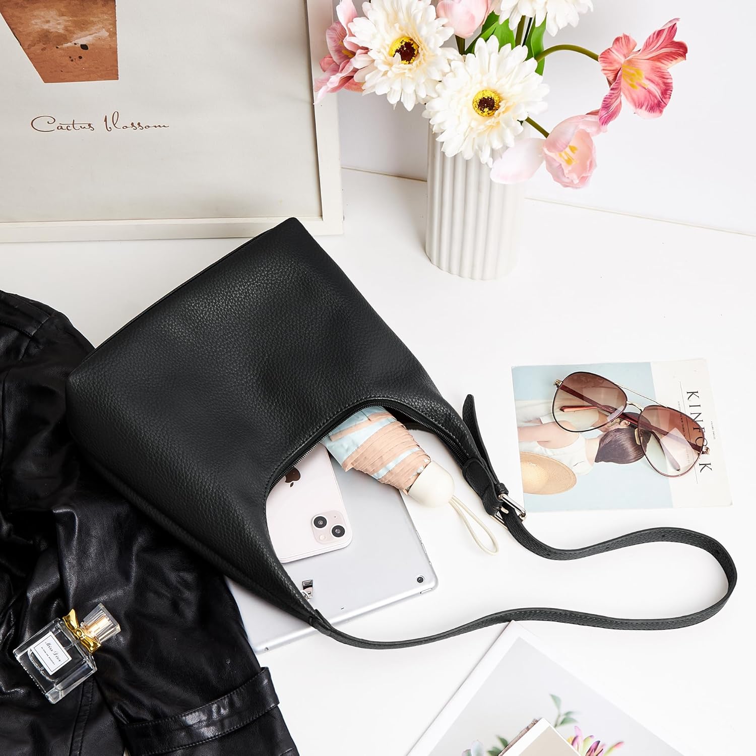 KALIDI Crescent Tote Bag, Women Underarm Handbag Vegan Leather Zipper Shoulder Purse Hobo for Evening Shopping Casual - Image 3