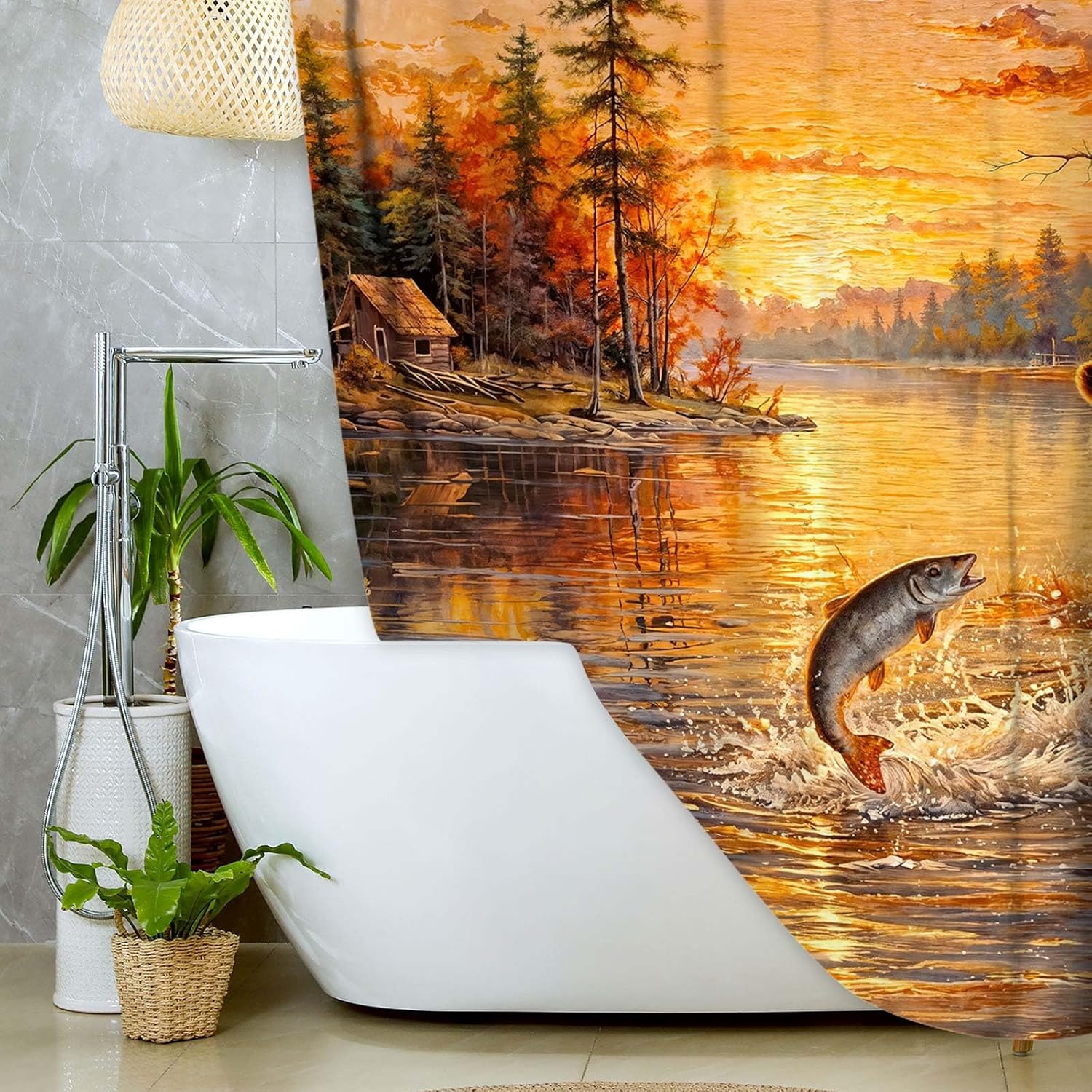 DYNH Black Bear Fishing Shower Curtain, Lake Sunset Cabin Bathroom Decor, Wildlife Nature Forest Landscape Bath Curtain with Hooks, Waterproof Fabric Shower Curtain Set for Bathroom,70X75 in