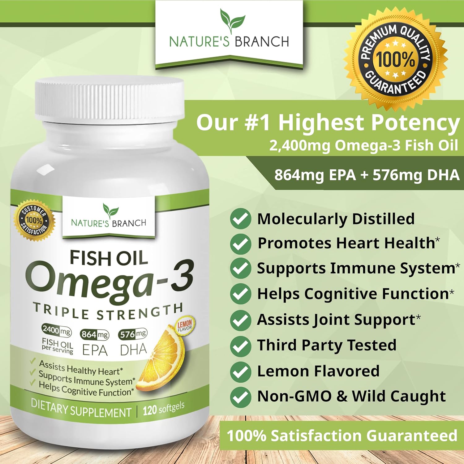 Best Triple Strength Omega 3 Fish Oil Pills 2400mg Burpless High Potency Lemon Flavor - 864mg EPA 576mg DHA Ultra Pure Liquid Softgels 120 Capsules for Brain Joints Eyes Hair Heart Health Supplement : Health & Household