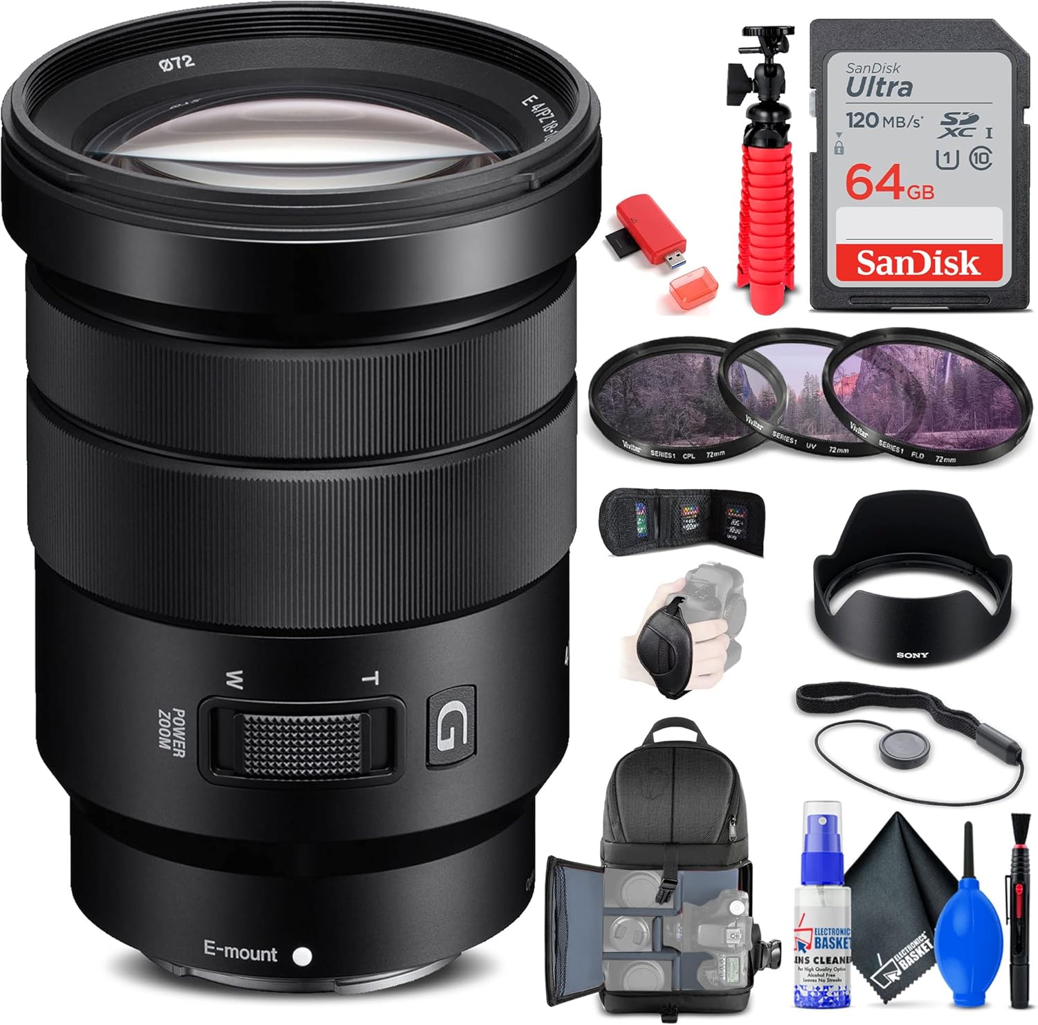 Sony E PZ 18-105mm f/4 G OSS Lens (SELP18105G) + Filter Kit + Backpack + 64GB Card + Card Reader + Flex Tripod + Memory Wallet + Lens Cap Keeper + Cleaning Kit + Hand Strap + More (Renewed)