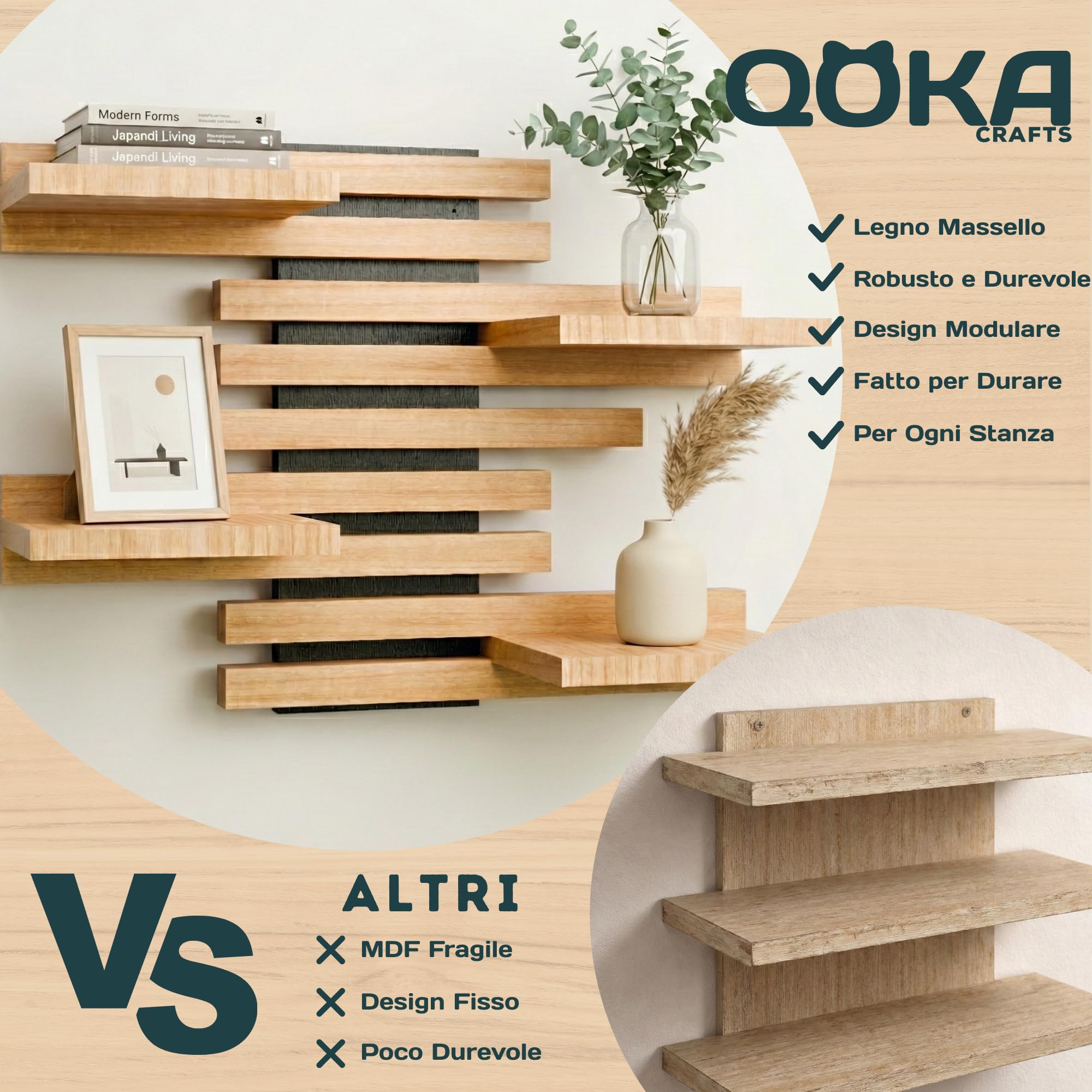 Mensola da Muro in Legno Massello, Scaffale da Parete Sospesa Design per Salotto, Cucina e Bagno, Mensole Moderne per Libreria (Nero)