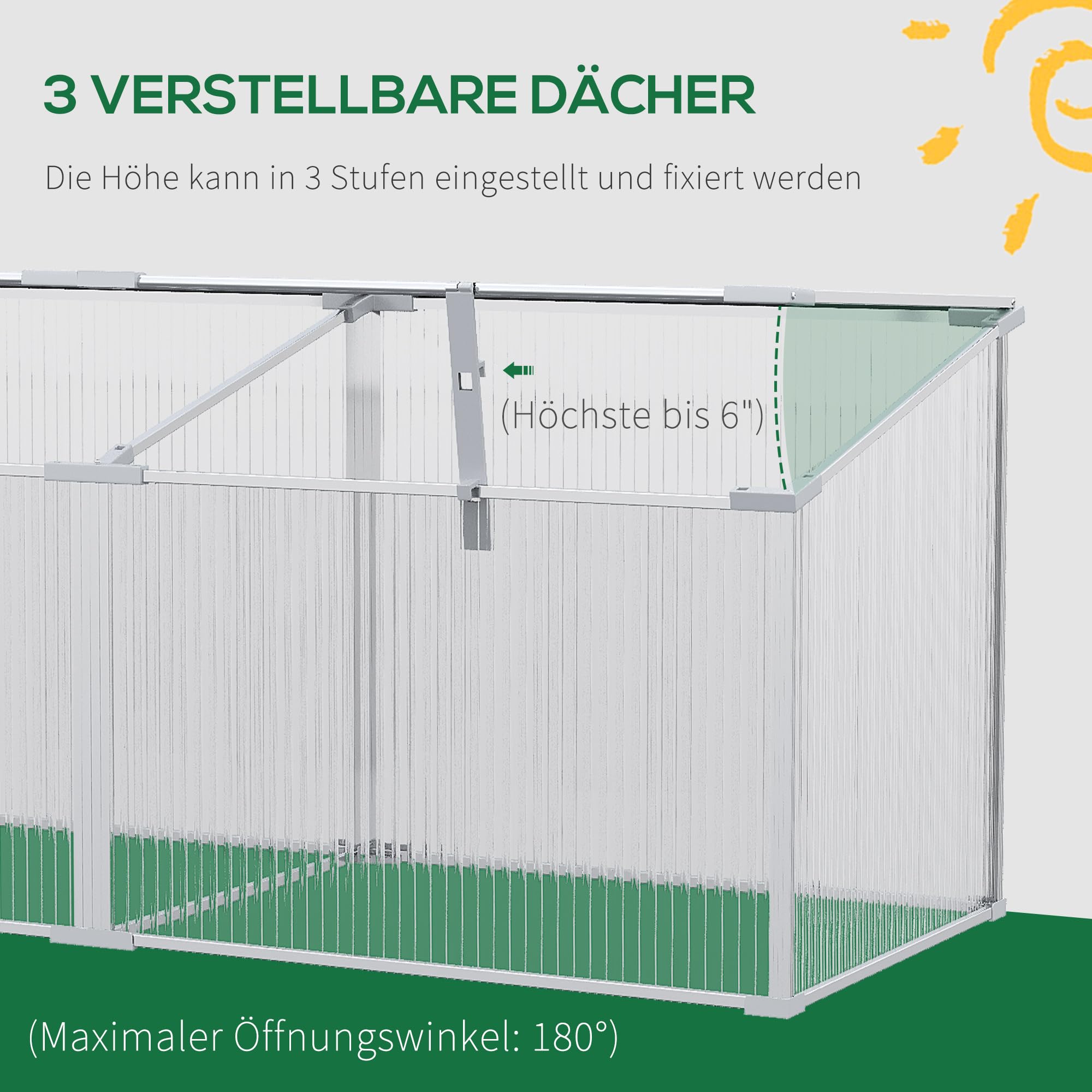 Outsunny Frühbeet Alu, Frühbeetkasten mit Verstellbarem Dach Pflanzbeet mit UV-Schutz, Mini Gewächshaus für Garten, Balkon, Silber, 180 x 51 x 51 cm