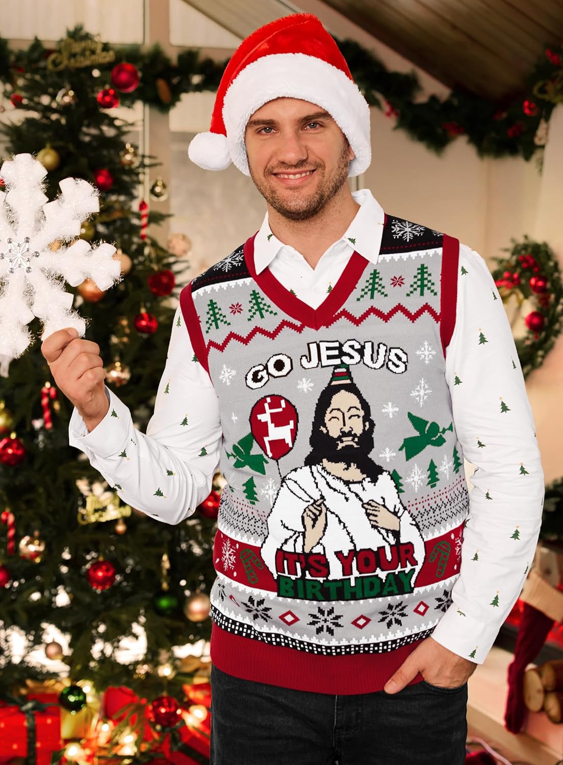 Arvilhill Mens Christmas Sweater Vest Ugly V-Neck Sleeveless Santa Gingerbread Pullover (S-3XL) - Image 4