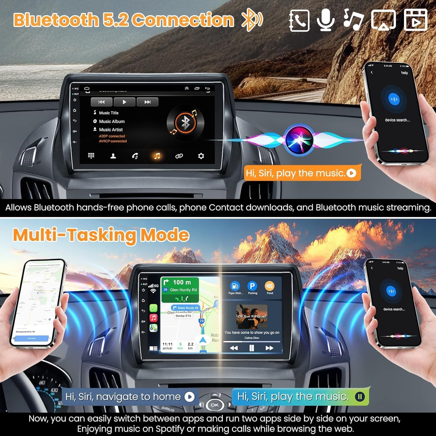 4G+64G Car Radio Stereo for Ford Escape 2013-2019, with Wireless Carplay&Android Auto, Android 15 Support Bluetooth/Voice Control/GPS/WiFi/SWC/FM, 9 Inch IPS Touch Screen, Backup Camera