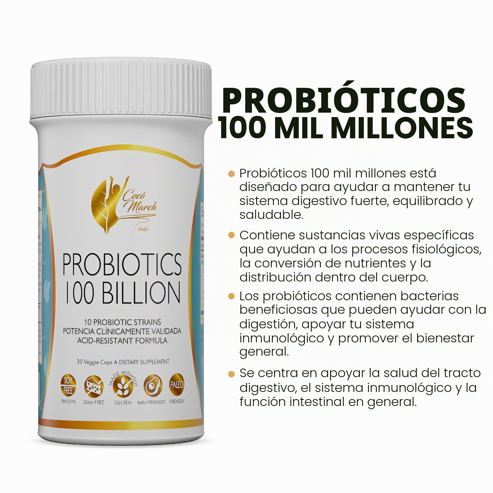 Coco March N.M.D Probióticos 100 mil millones – Suplemento para salud intestinal – Sin gluten, lácteos ni soja – Dieta keto y paleo – 30 cápsulas