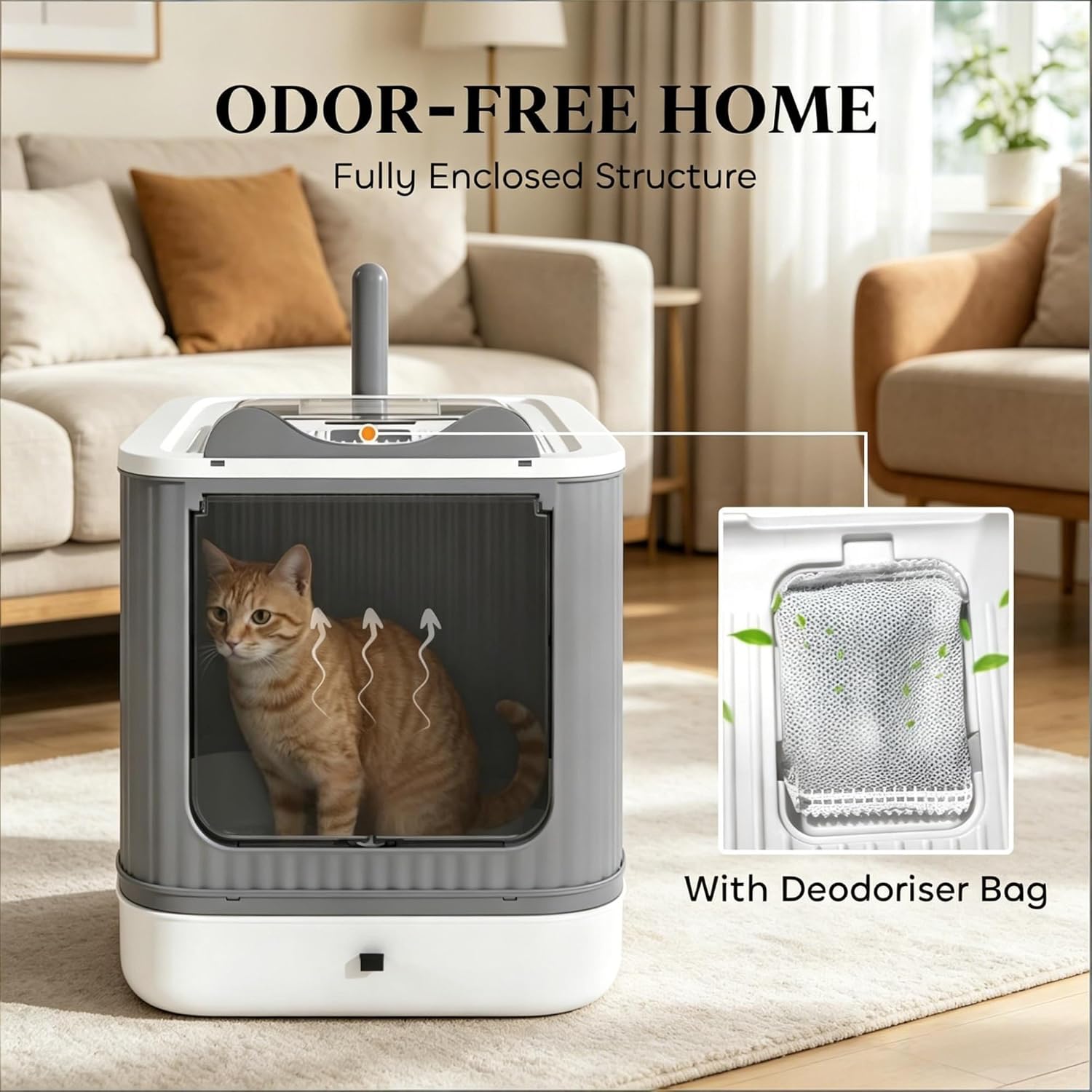 Enclosed Cat Litter Box with Front Entry Top Exit Odor Control Hooded Structure for Indoor Cats Gray White Modern Home Pet Accessory