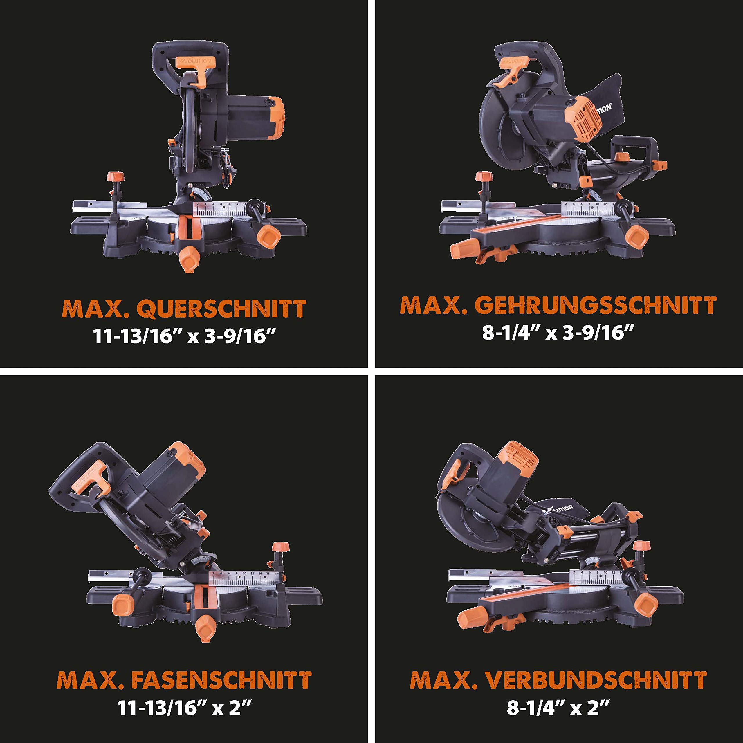 Evolution Schiebe-Kapp- und Gehrungssäge R210SMS-300+ | 1500 W, 300 mm Gleitfunktionalität, Schrägschnitt, Gehrungswinkeln | Ø 210 mm HM TCT Sägeblatt für Multimaterialschnitt | Zug-kapp-gehrungssäge