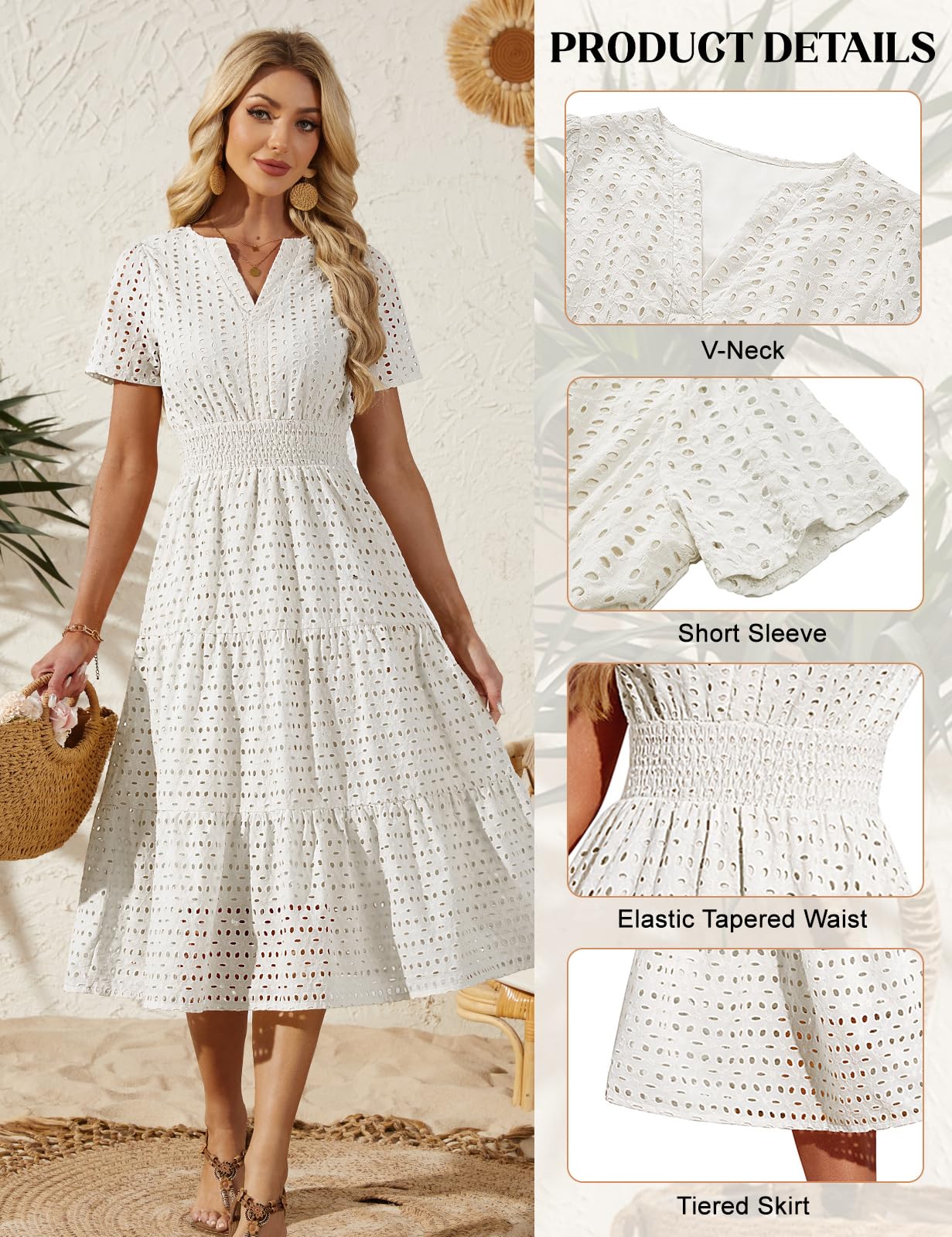 heekpek Vestido Largo Verano Mujer Algodón Cuello en V Vestido Elegante Manga Corta A-Line Cintura Alta Casual Vestidos Boho con Bolsillos