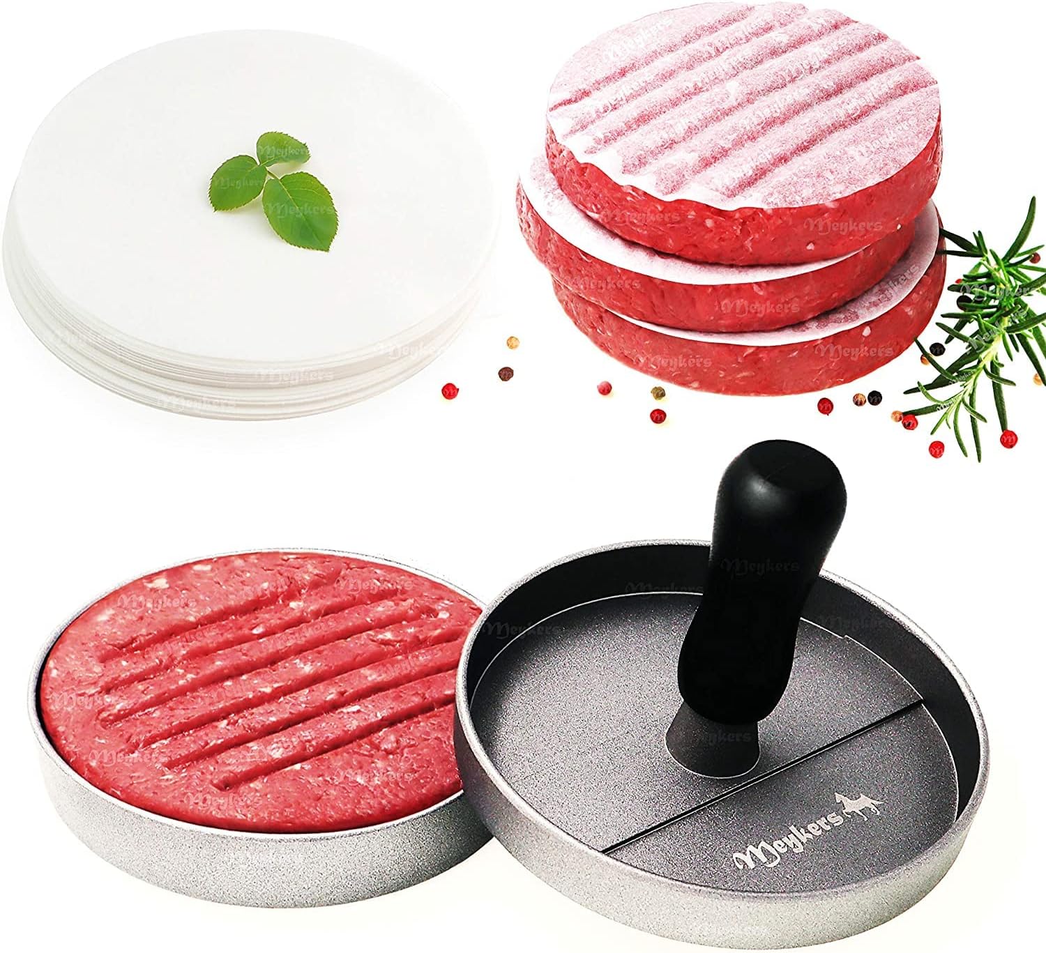 Meykers Burger Press 100 Patty Papers Set | Non-Stick Hamburger Mold with Free Wax Patty Paper Sheets | Meat Beef Cheese Veggie Burger Maker for Grill Griddle BBQ Barbecue | BPA Free