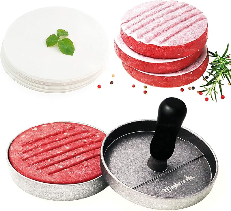 Hamburger Press Patty Maker 150 Paper, 4.5” Burger Mold Meat Shaper | Non-Stick, BPA Free, Dishwasher Safe, Juice-Locking Grooves, Wax Paper, Beef Cheese Burger for Kitchen Grill Griddle BBQ