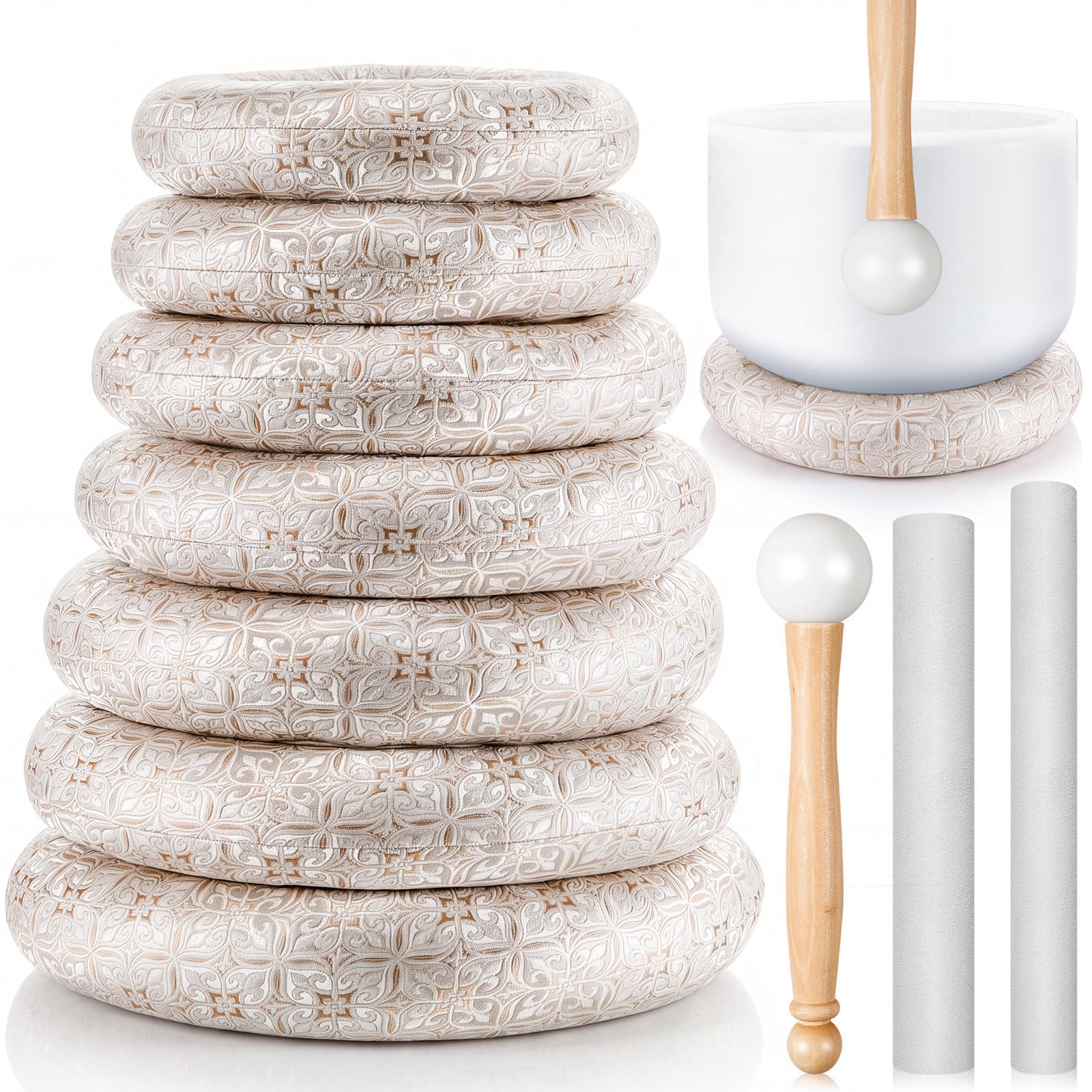 Singing Bowl Cushion Set, 7 Silk Rings &amp; 3 Mallets, 6-12", Silver