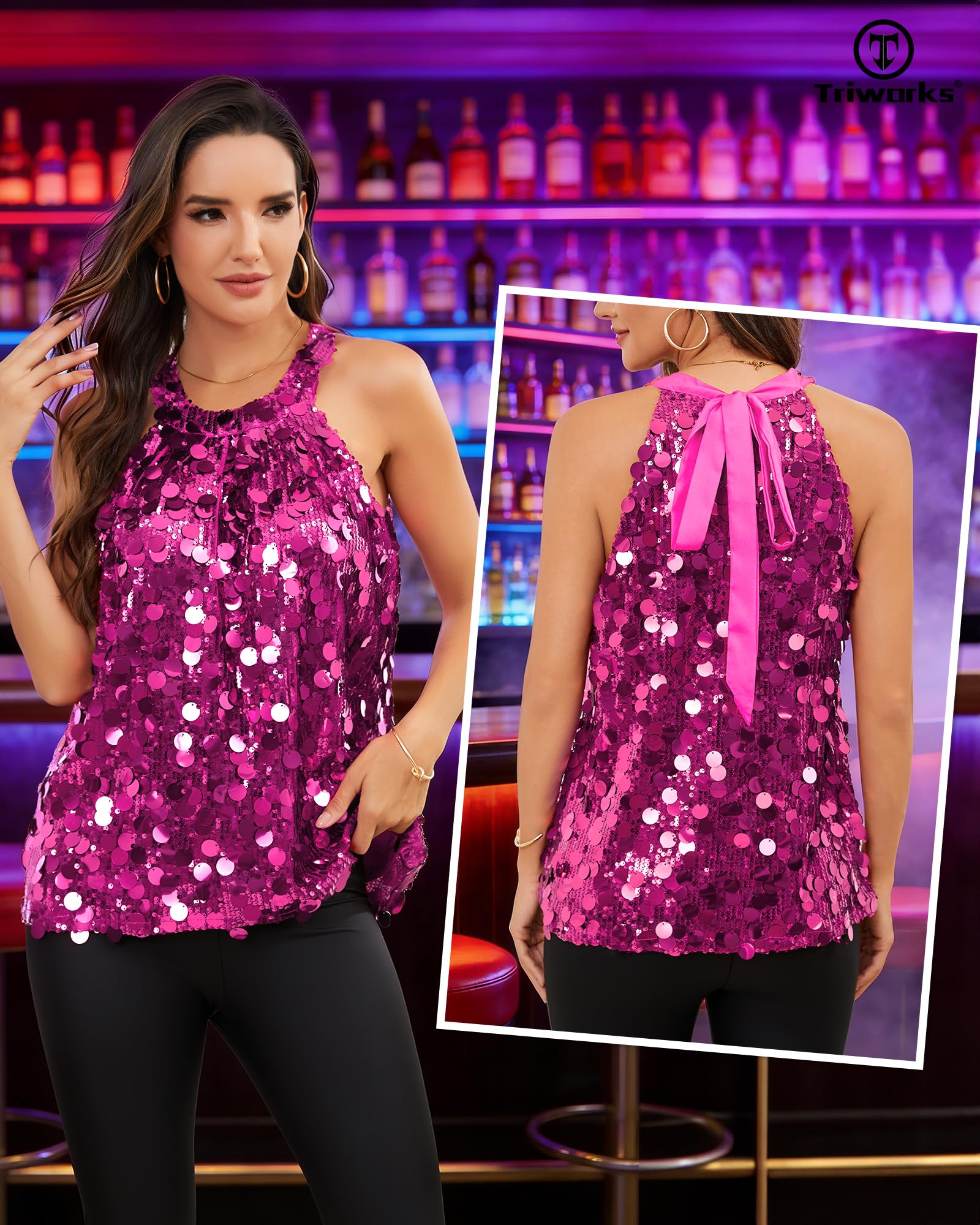 TRIWORKS Rosarot Glitzer Oberteil Top Damen Neckholder Pailletten Top für Damen elegant Glitzeroberteil Frauen für Party Festival S