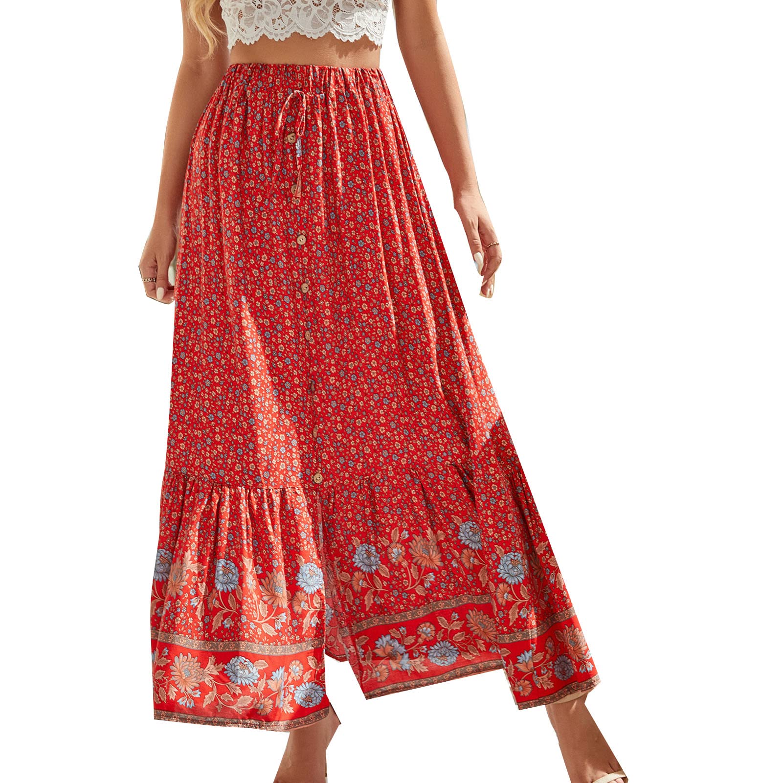 Ausla Falda Larga Bohemia Floral Vintage para Mujer Botón Frontal Elástico Cintura Alta Flowy Swing A Line Maxi Falda