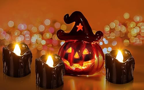 Miniatura 8 de 24 velas de decoración de Halloween para interiores, velas de té negra velas LED sin llama, funciona con pilas, decoración de mesa con telarañas