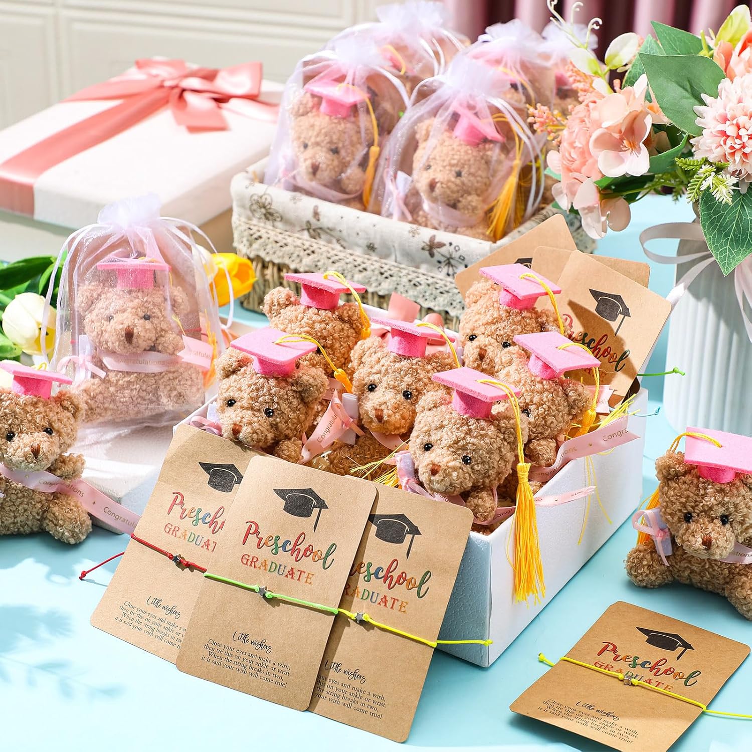 50 Pcs 2025 Preschool Graduation Bear Bulk Set with 25 Mini Graduation Gift Stuffed Bear 25 Adjustable Wish Bracelets Organza Bag for Class of 2025 Preschool Kid Child Student Grad Party Favor(Pink)
