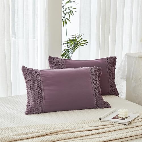 Juego de 2 fundas de almohada de color morado queen, color morado grisáceo, 100% microfibra lavada, funda de almohada con borlas de macramé lavanda,