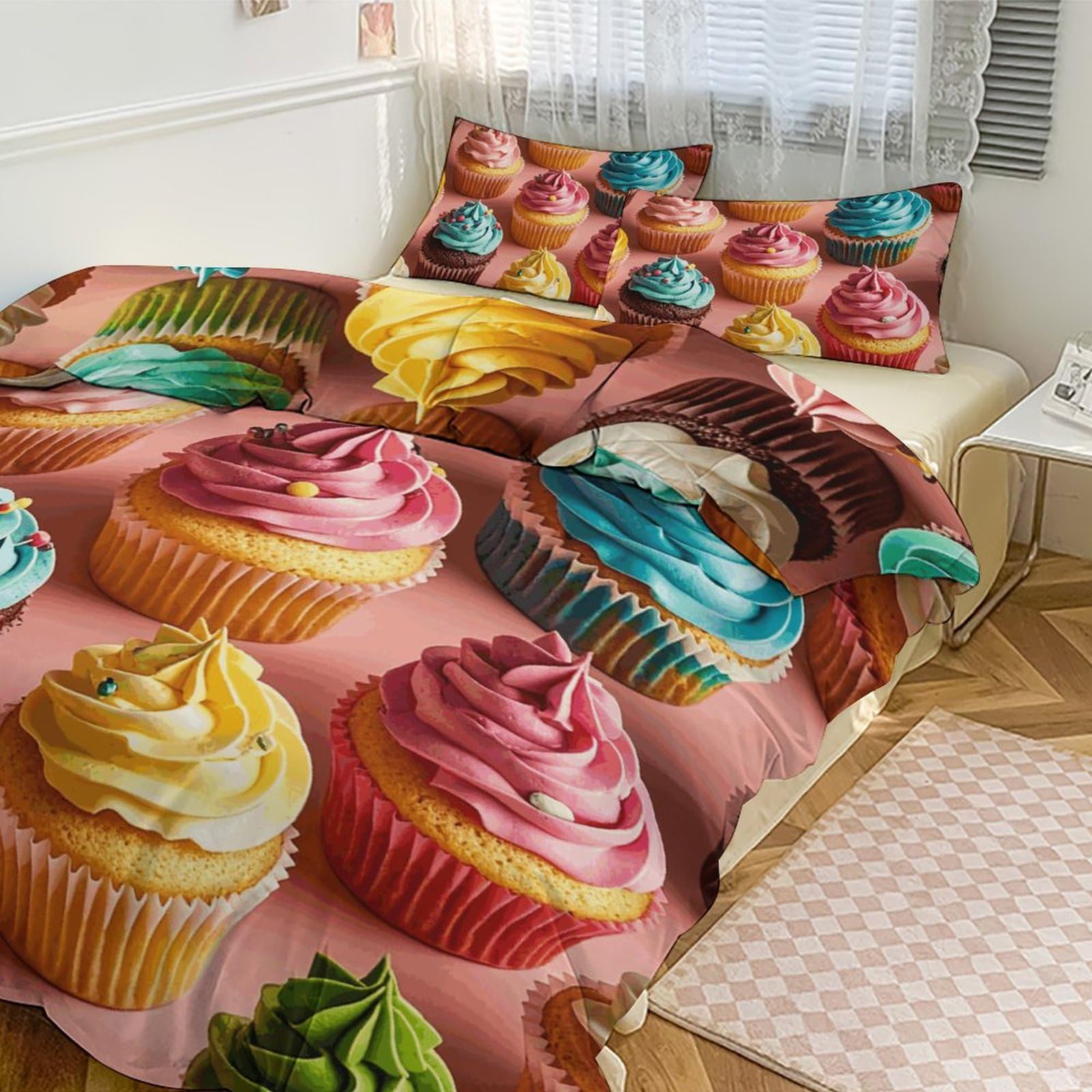 Parure de lit 3 pièces pour grand lit en manque de confort, couette épaisse cupcakes